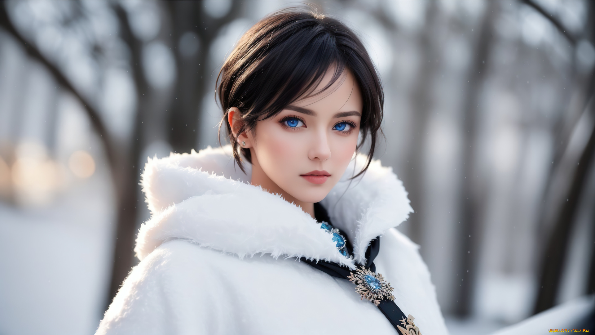 нейросеть, 3д, графика, фантазия, , fantasy, girl, nature, art, blue, eyes, winter, snow