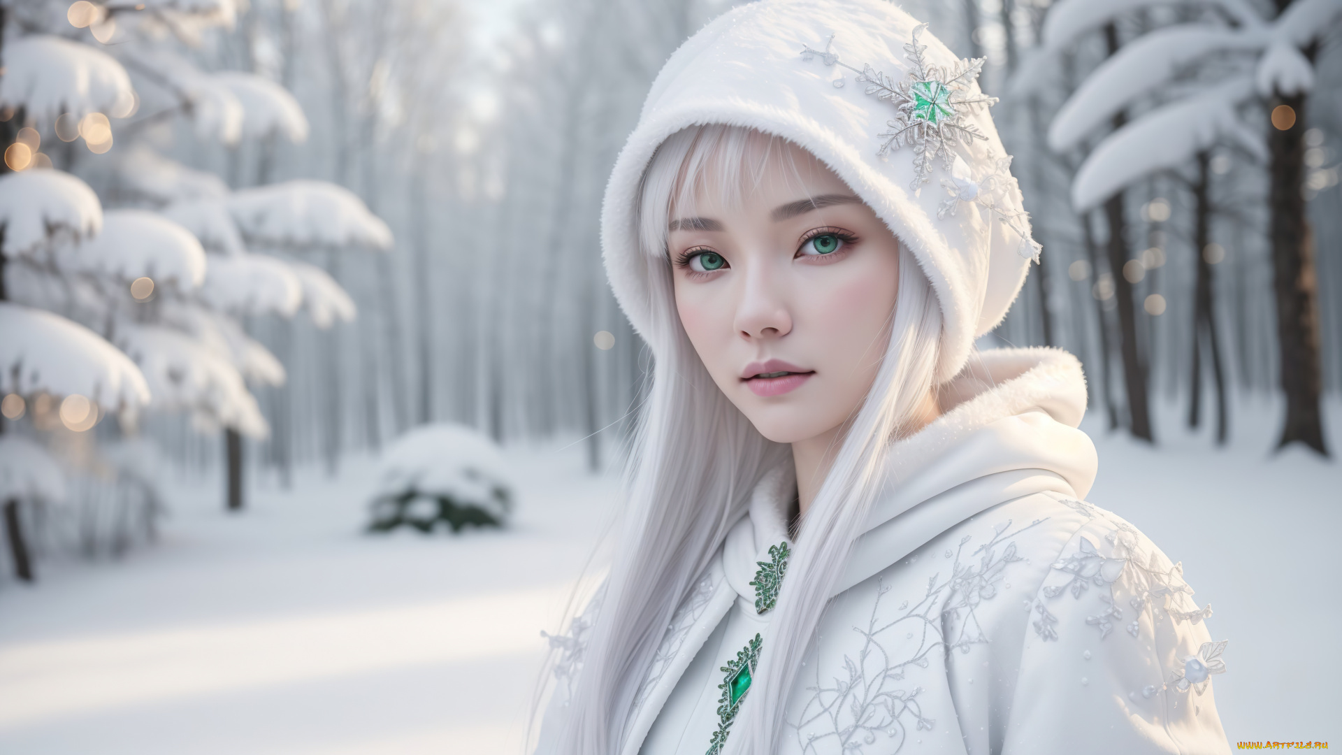 нейросеть, 3д, графика, фантазия, , fantasy, girl, green, eyes, nature, art, winter, snow