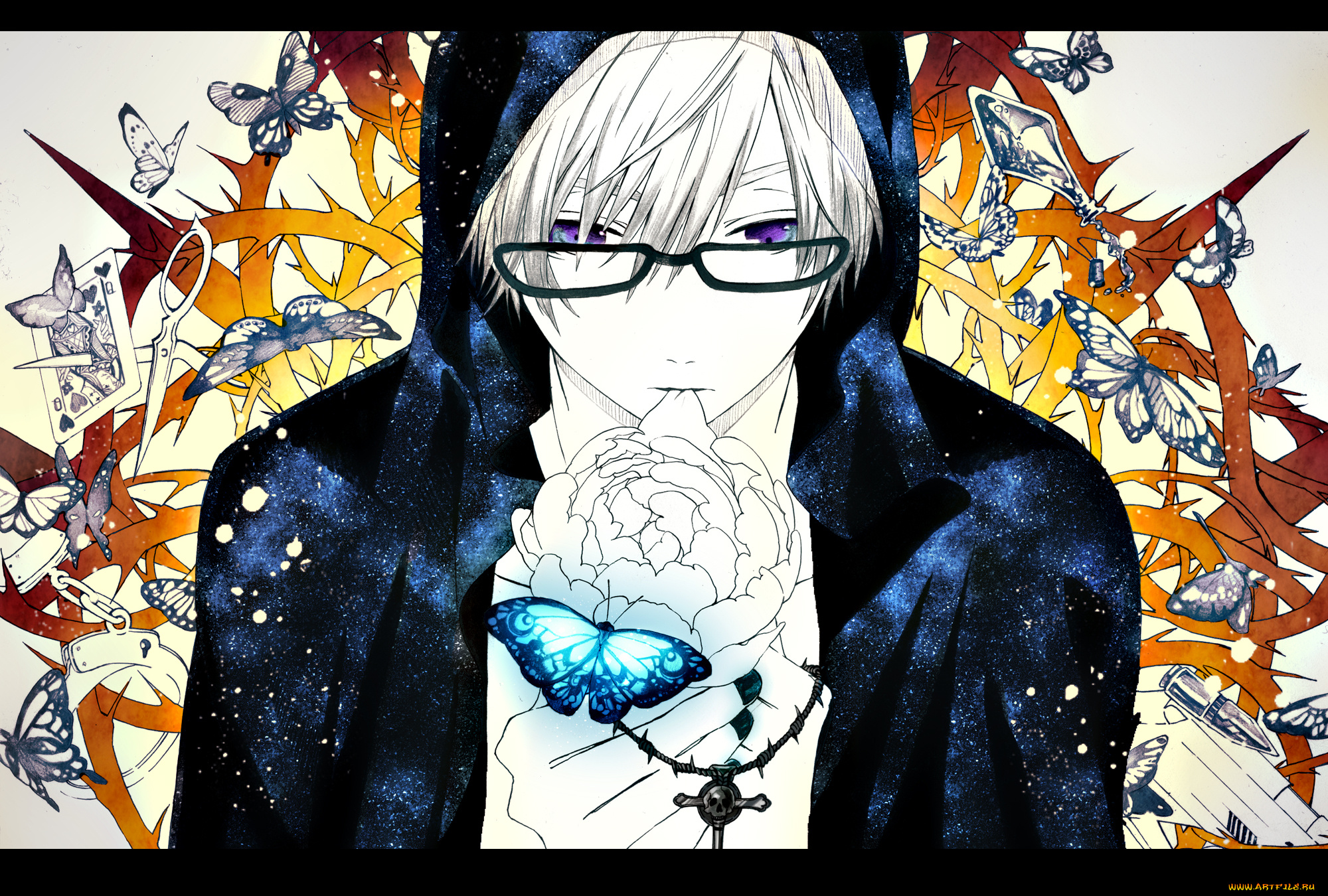 аниме, *unknown, другое, крест, капюшон, очки, парень, цветок, бабочки