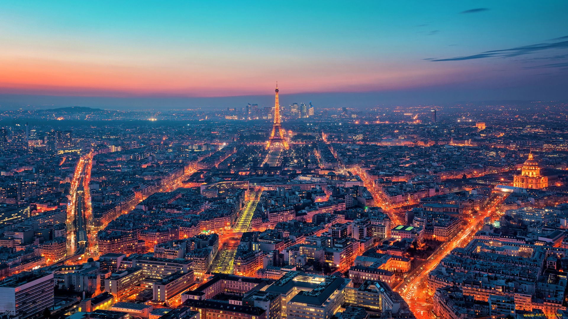 города, париж, франция, башня, улицы, огни, ночь, панорама