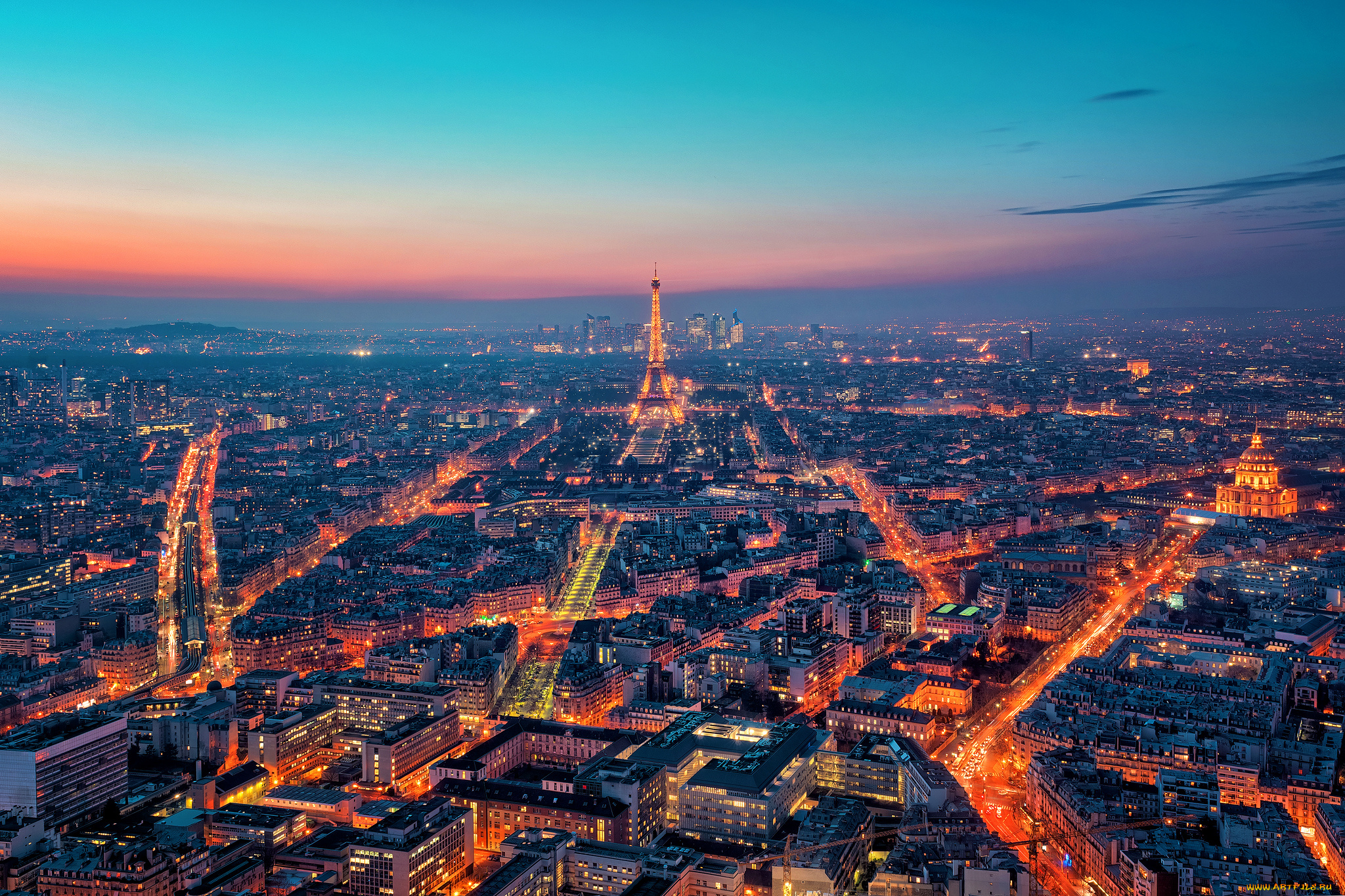 города, париж, франция, башня, улицы, огни, ночь, панорама