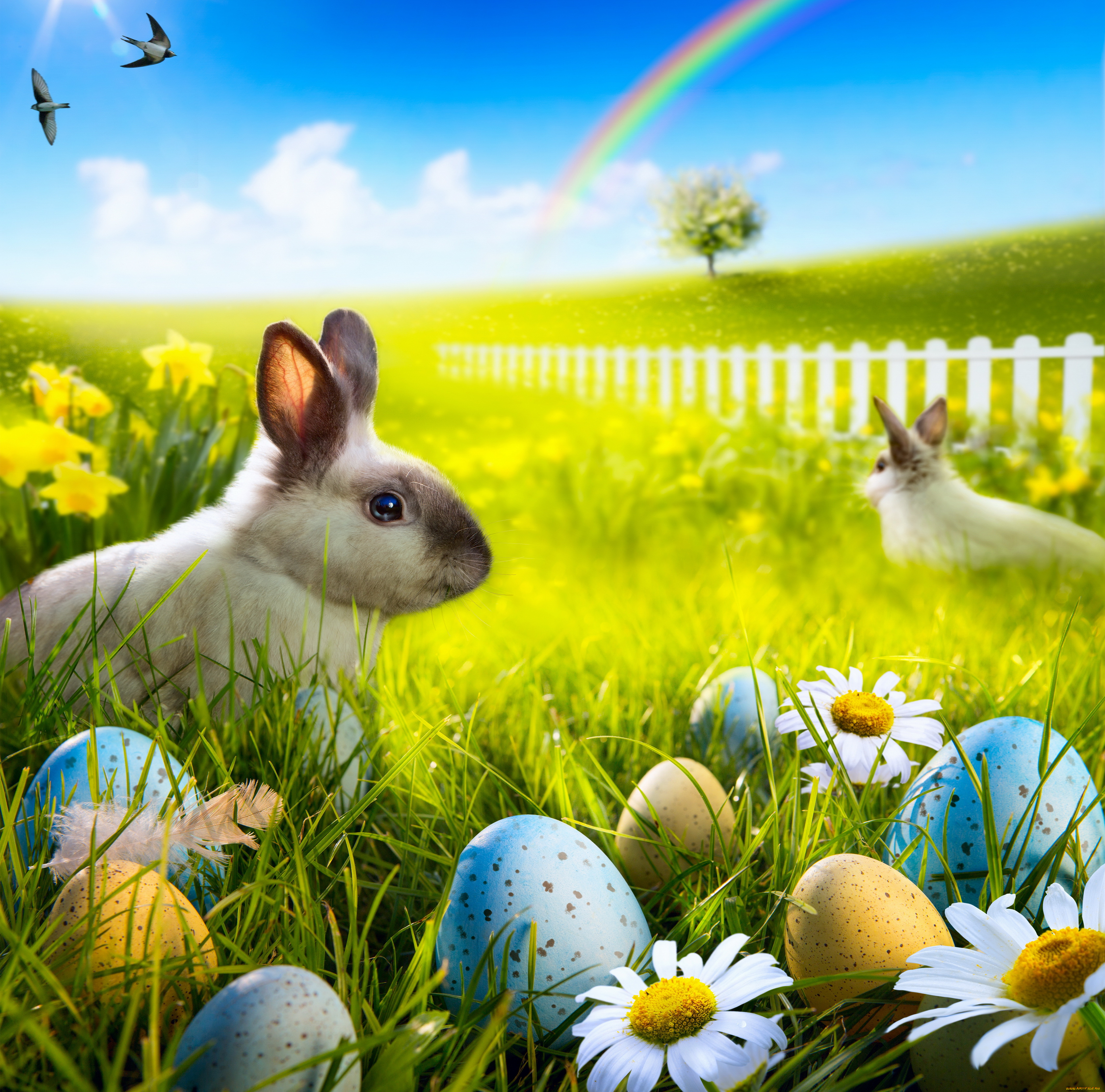 животные, кролики, , зайцы, кролик, яички, цветы, весна