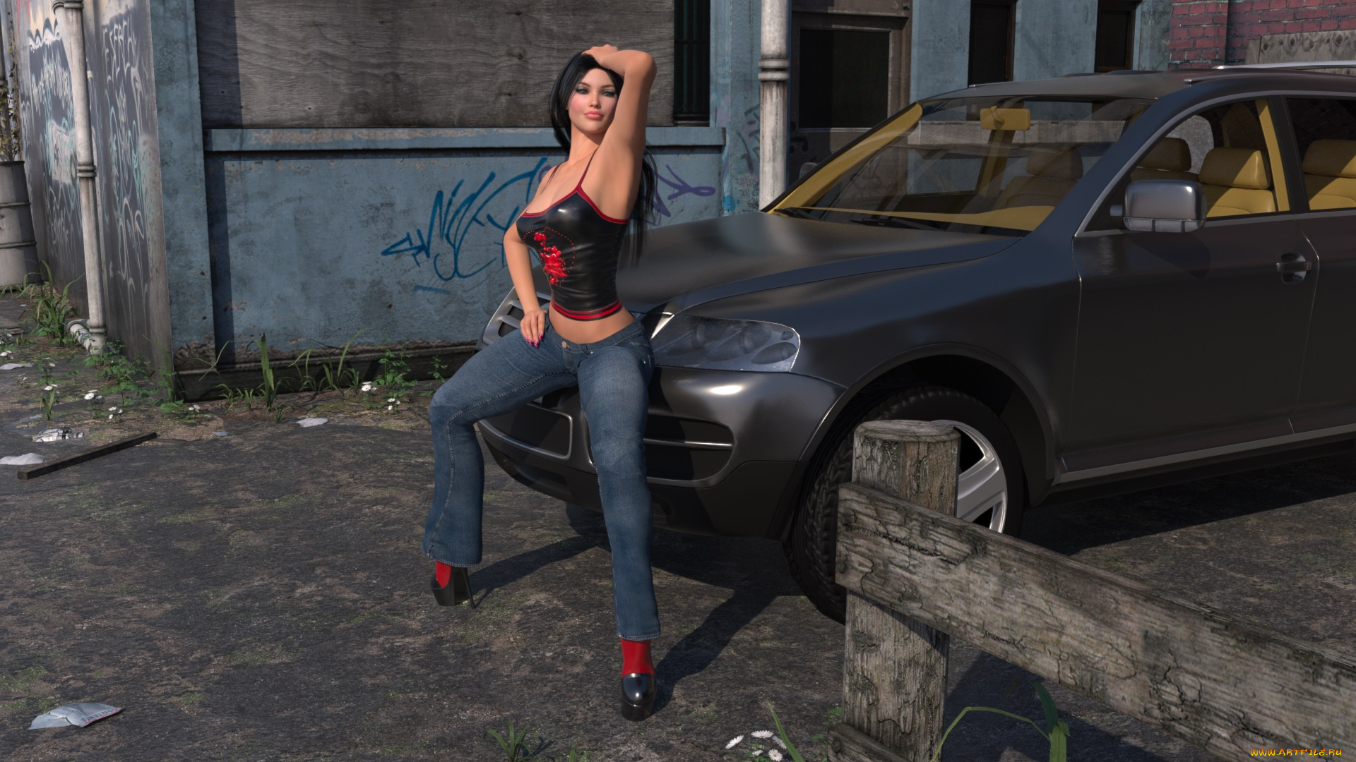 автомобили, 3d, car&girl, автомобиль, фон, взгляд, девушка