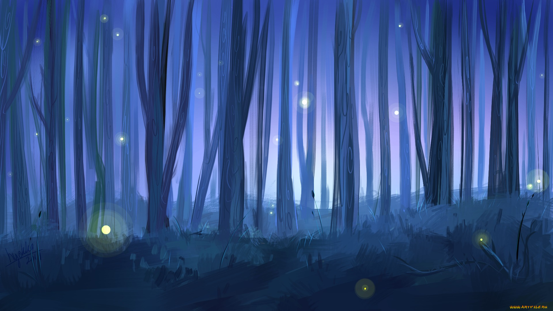 рисованное, природа, лес, пейзаж, светлячки, ночь, деревья