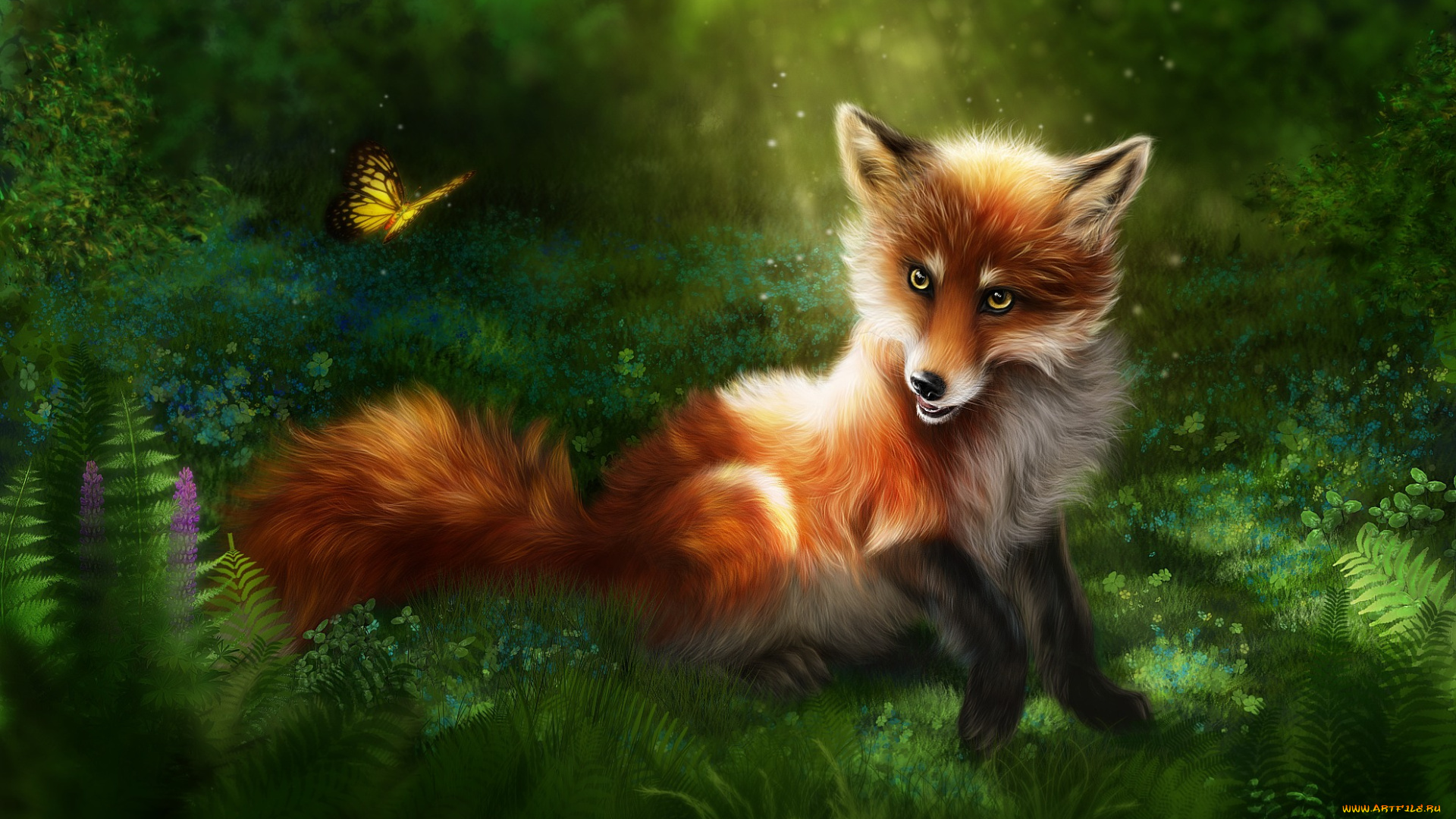 рисованное, животные, , лисы, трава, лисица, лиса, рыжая, бабочка, природа