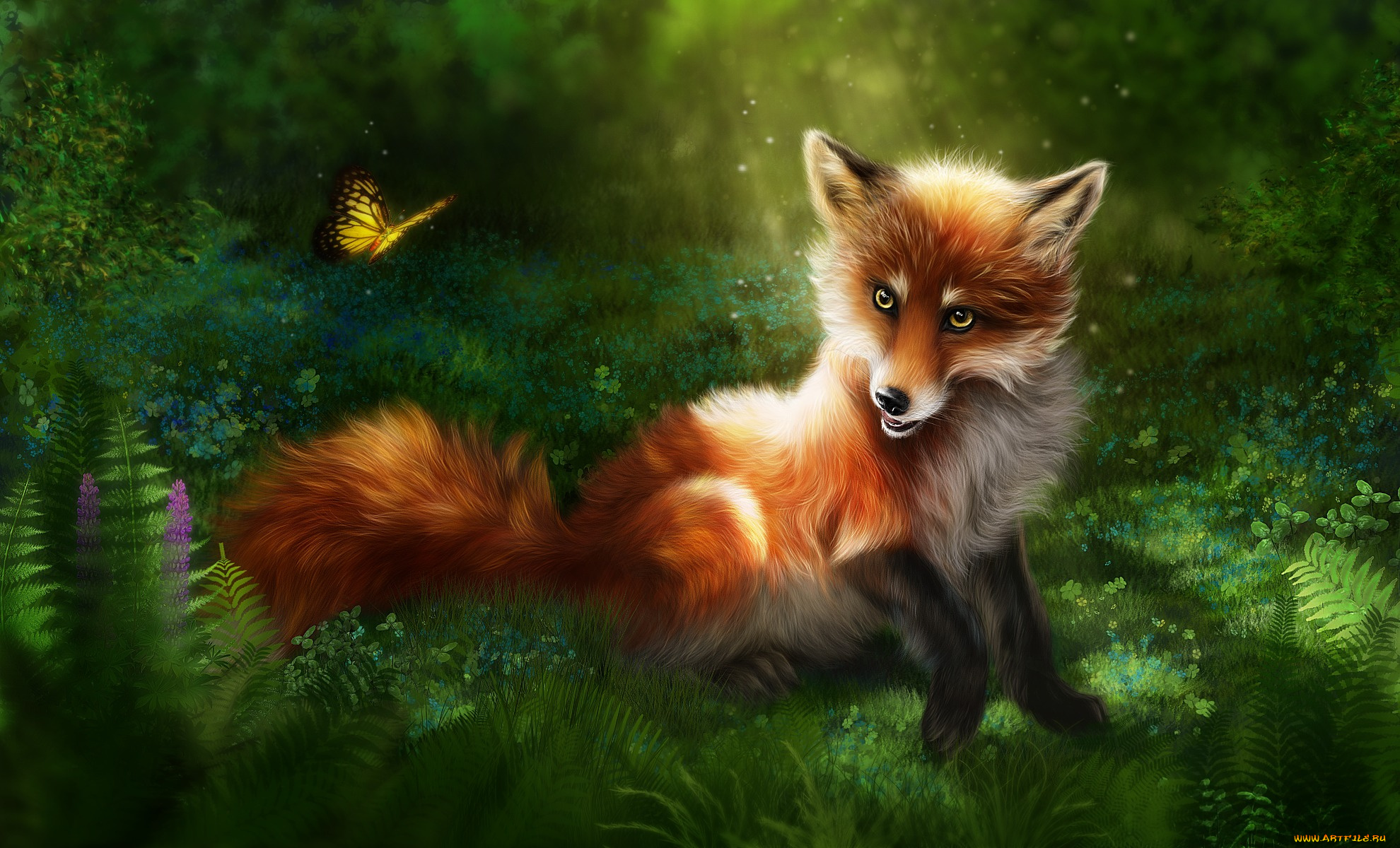 рисованное, животные, , лисы, трава, лисица, лиса, рыжая, бабочка, природа