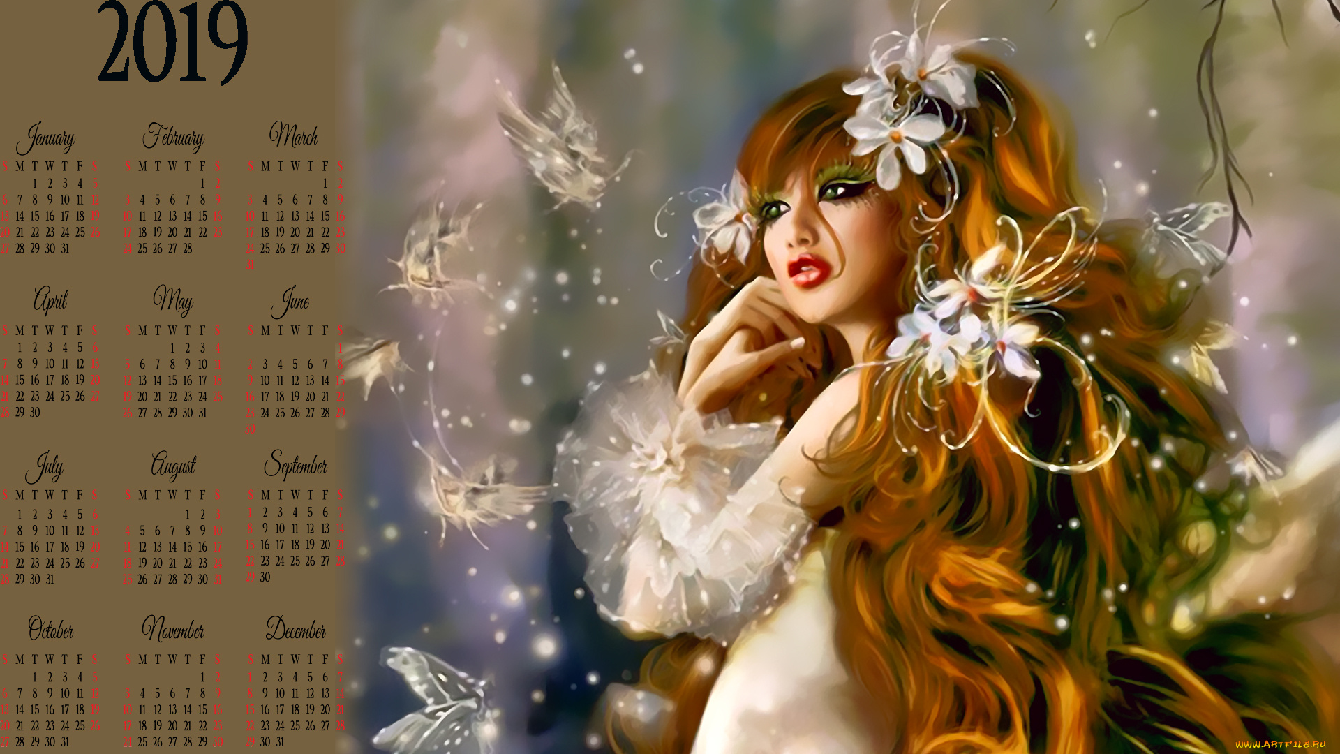 календари, фэнтези, цветы, девушка, бабочка