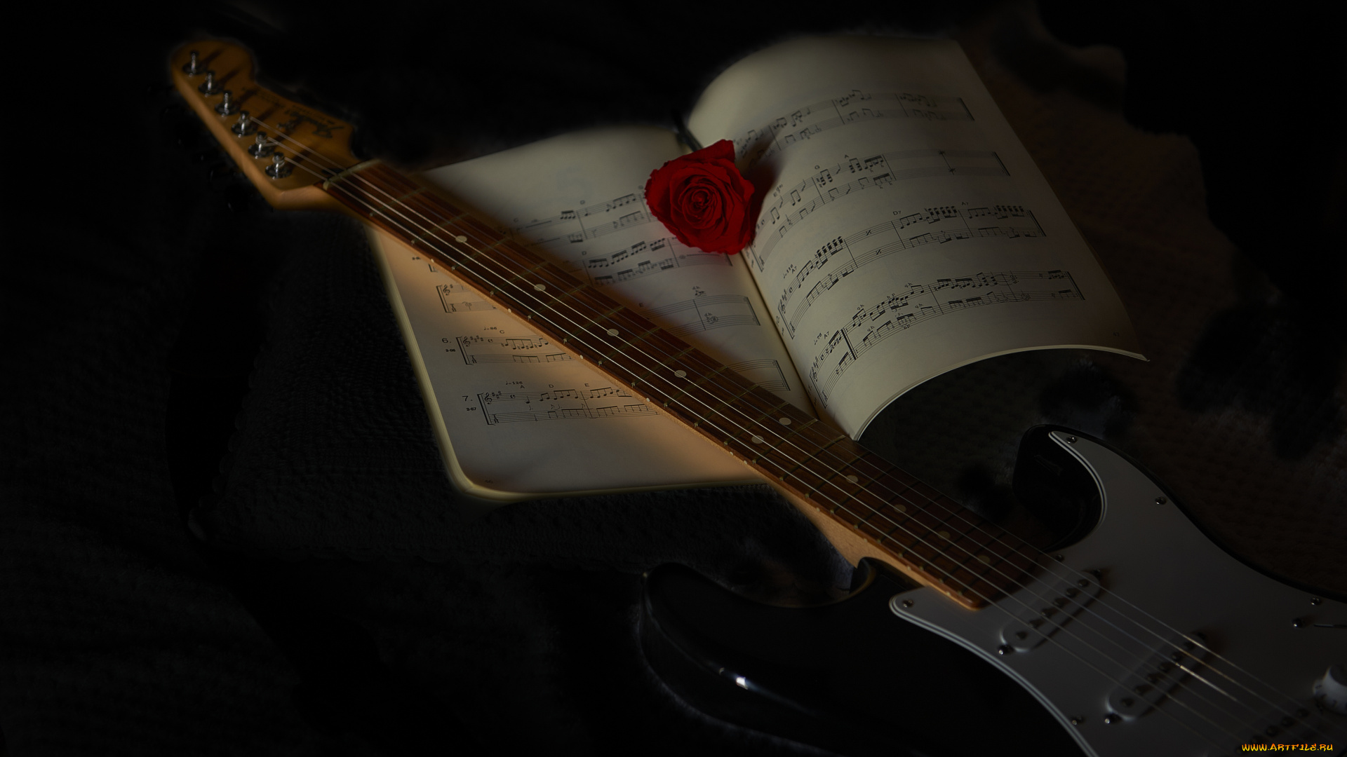 музыка, -музыкальные, инструменты, ноты, роза, гитара, черный, фон