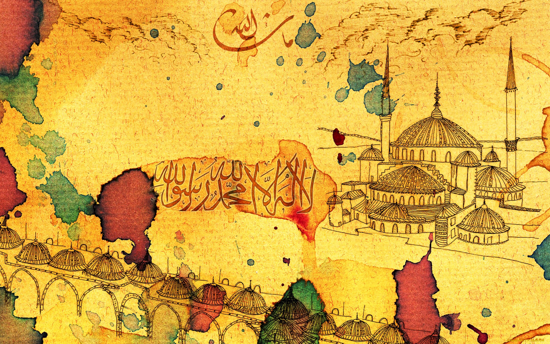 рисованное, города, мечеть, пятна, надпись
