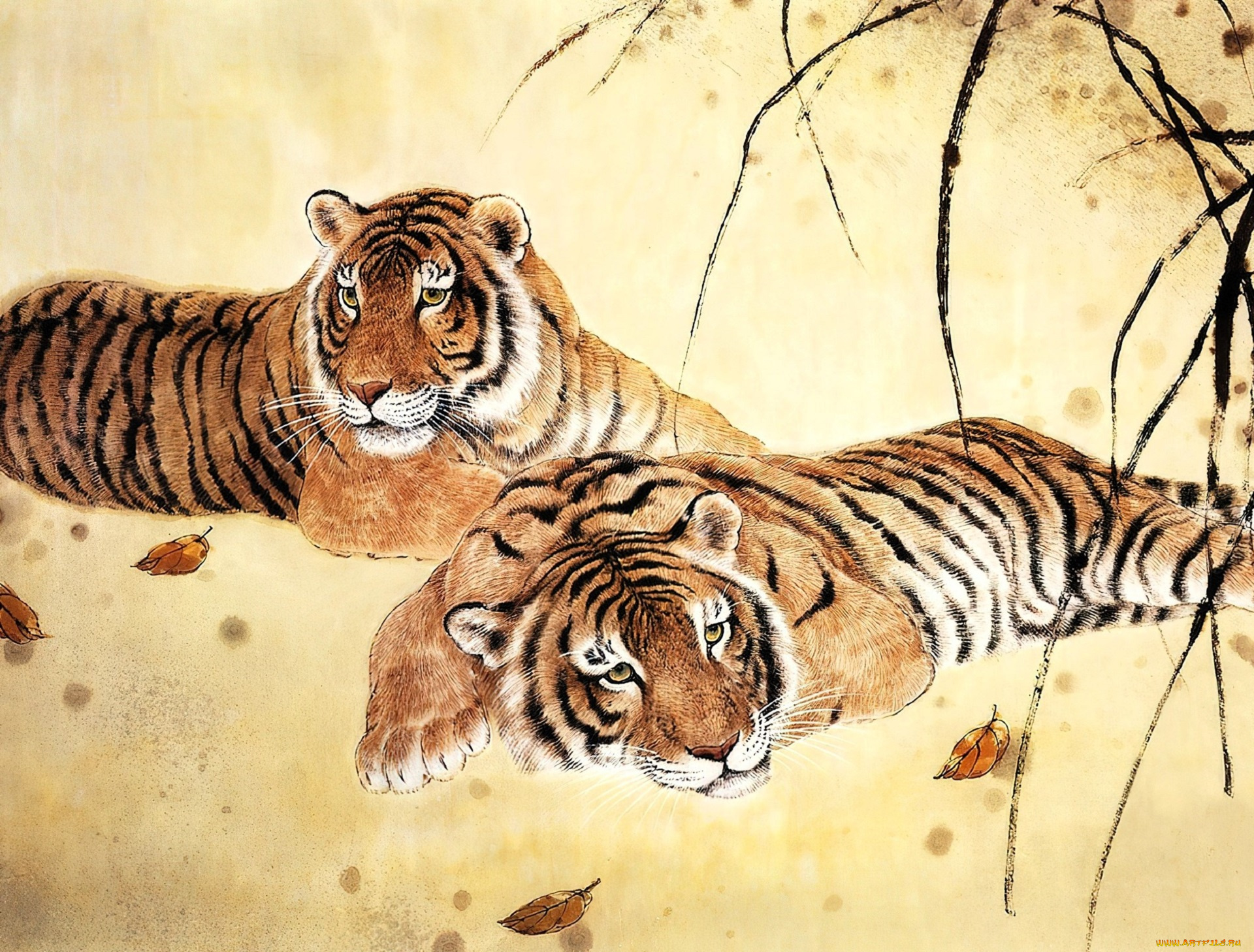 рисованное, животные, , тигры, тигры, листья, ветки
