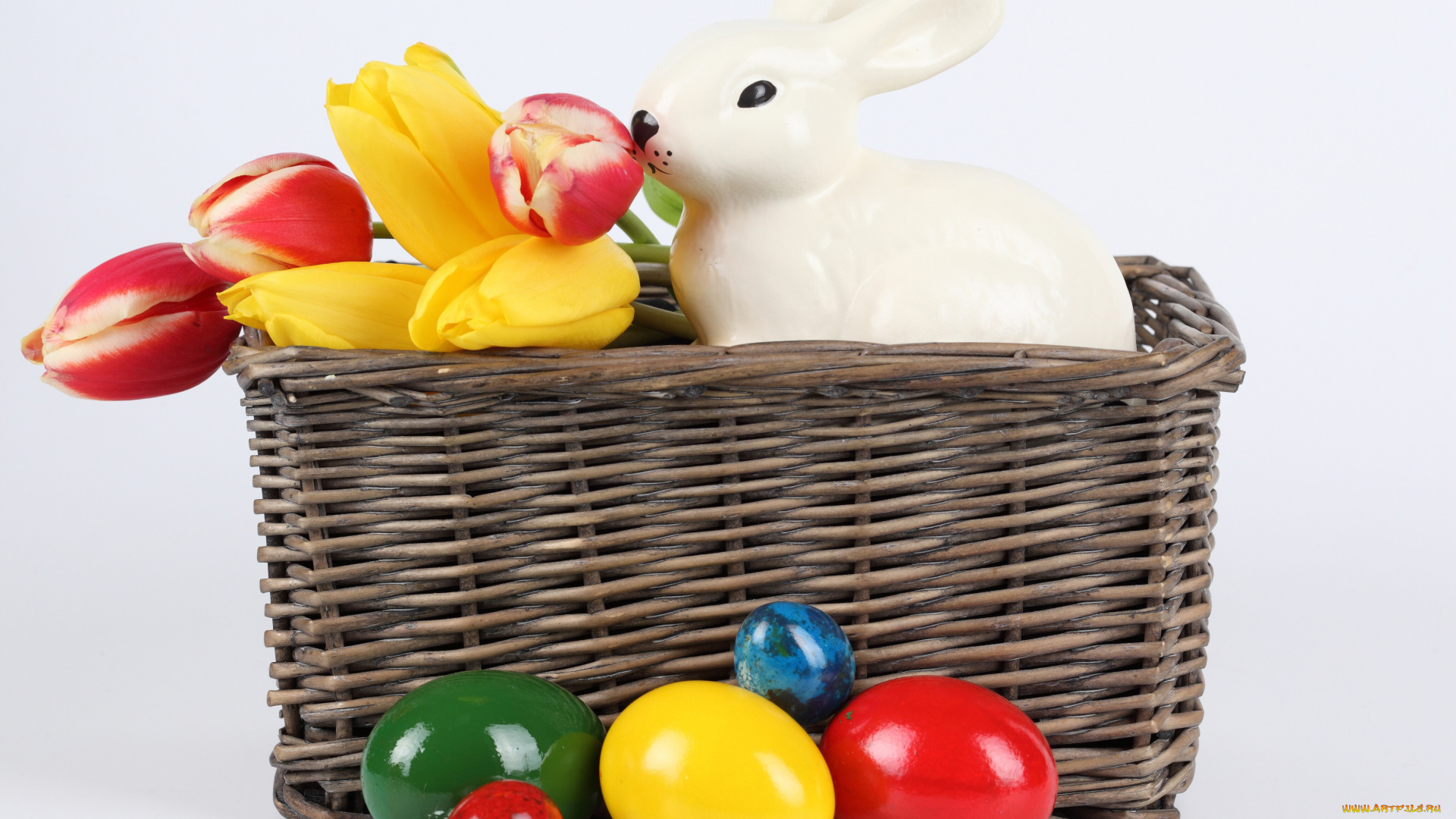 праздничные, пасха, корзинка, яйца, тюльпаны, кролик