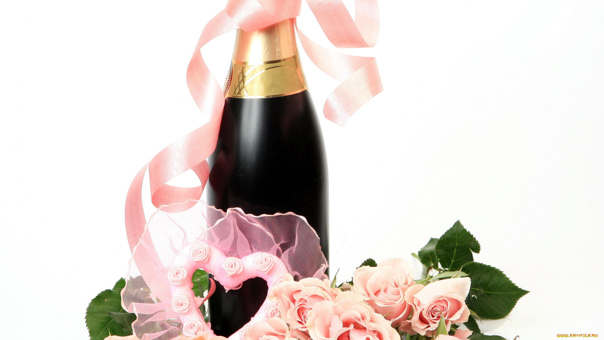цветы, розы, шампанское, розовый, лента