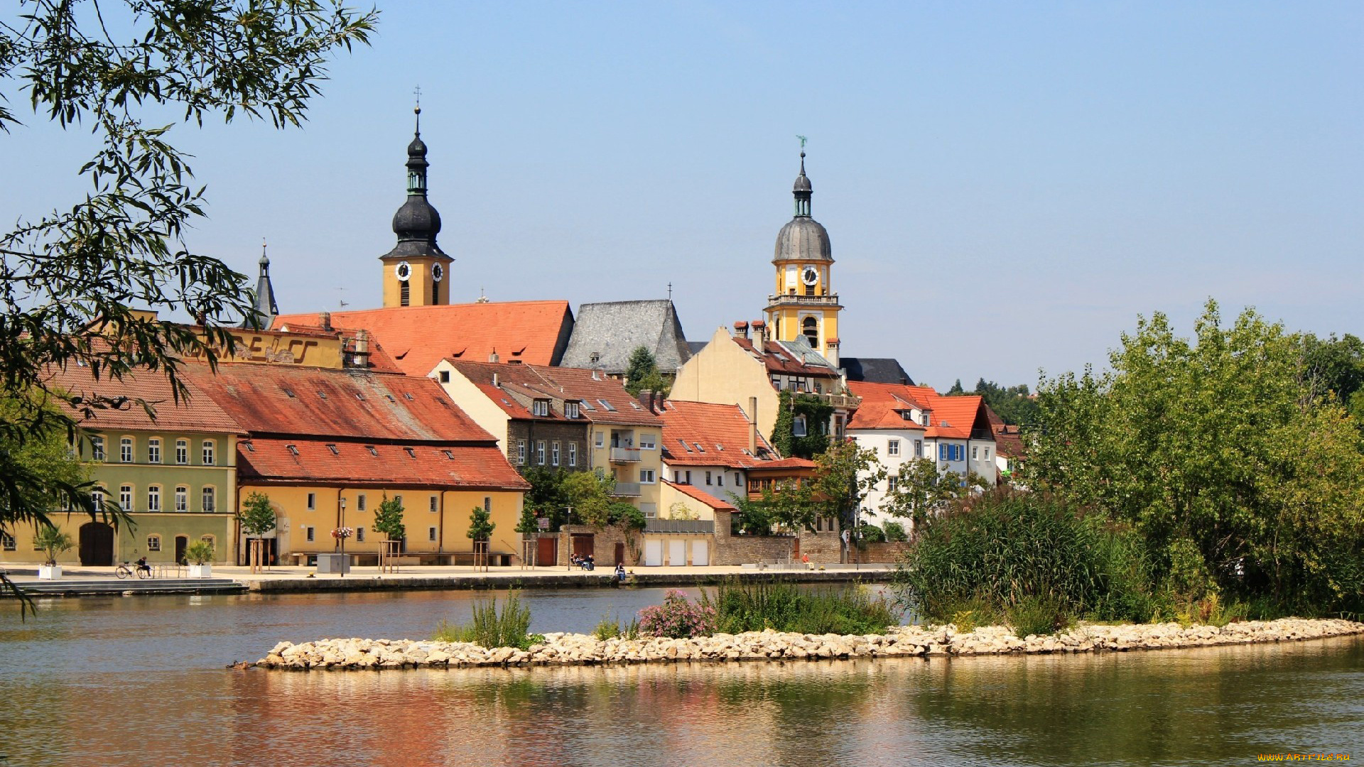 города, панорамы, набережная, река, дома, костёлы, kitzingen, germany