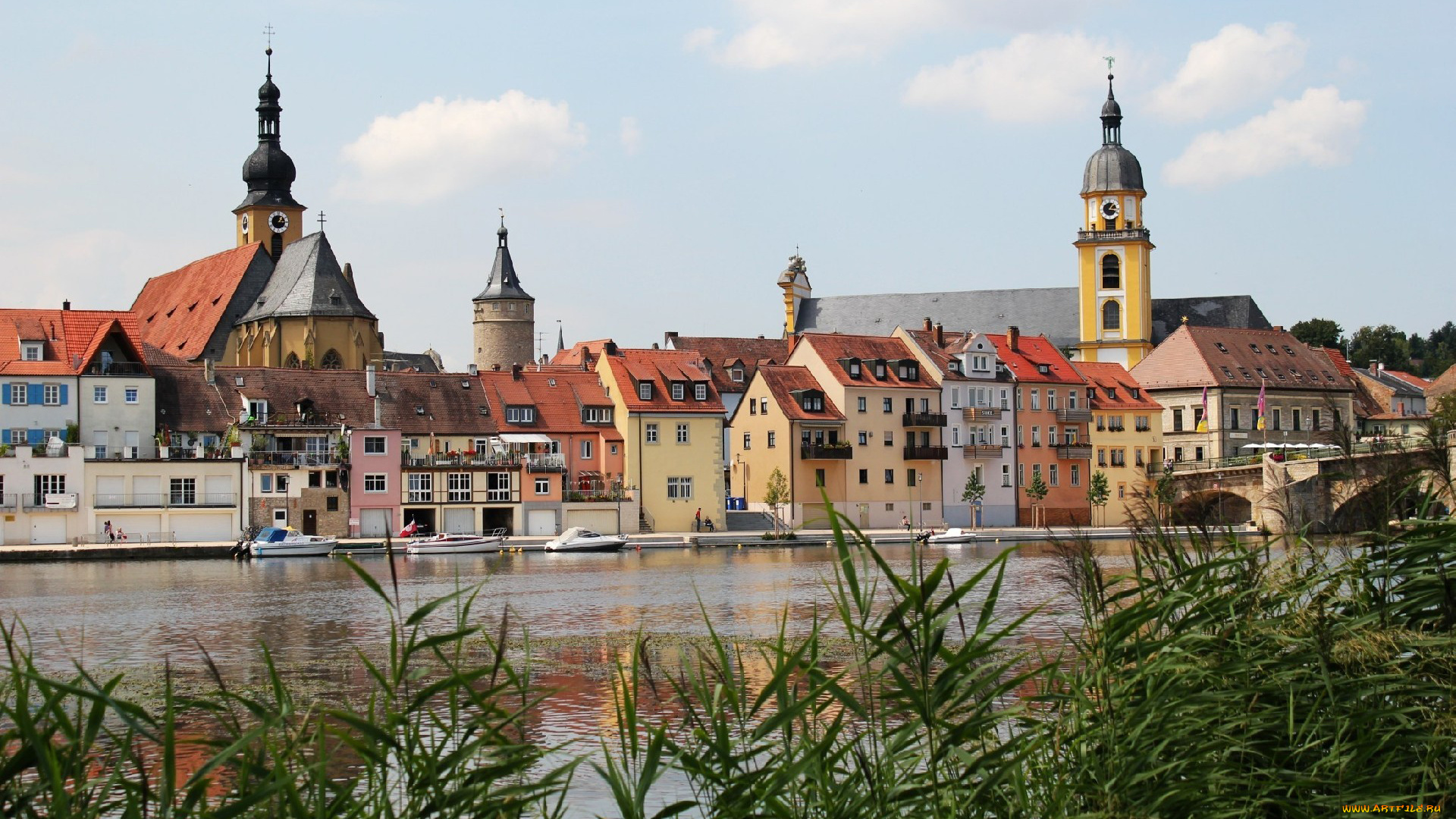 города, панорамы, здания, набережная, камыши, река, kitzingen, germany