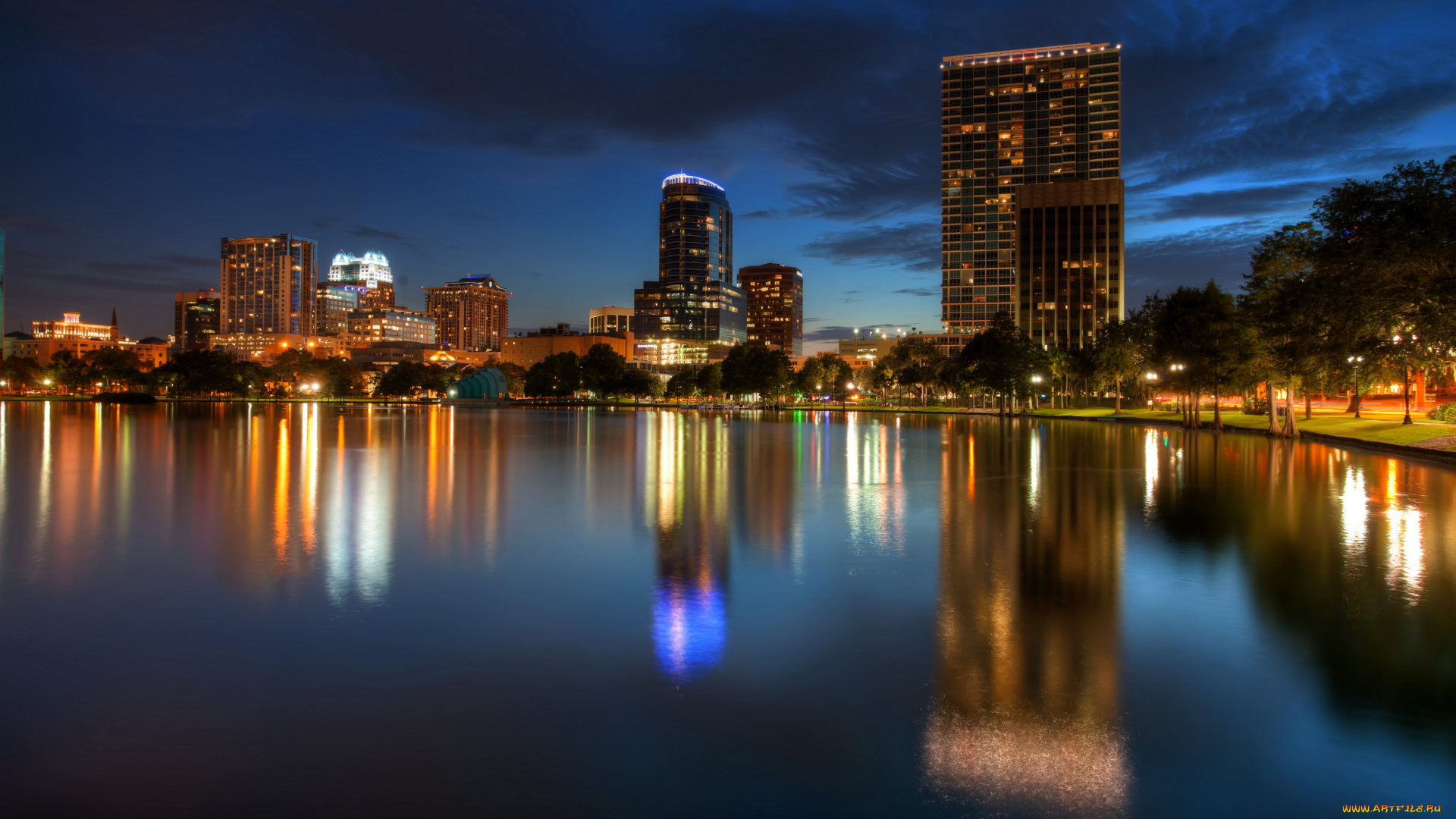 lake, eola, orlando, florida, города, огни, ночного, дома, ночь, озеро