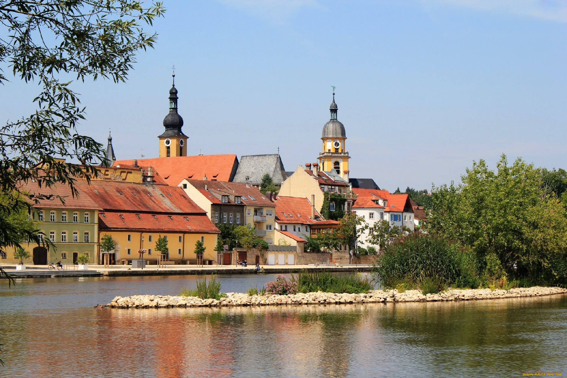 города, панорамы, набережная, река, дома, костёлы, kitzingen, germany