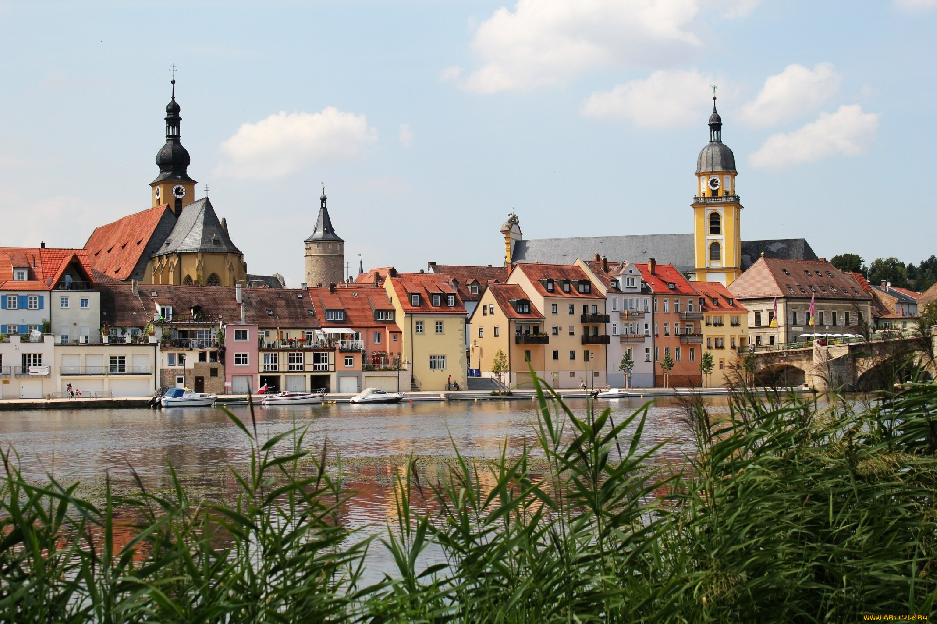 города, панорамы, здания, набережная, камыши, река, kitzingen, germany