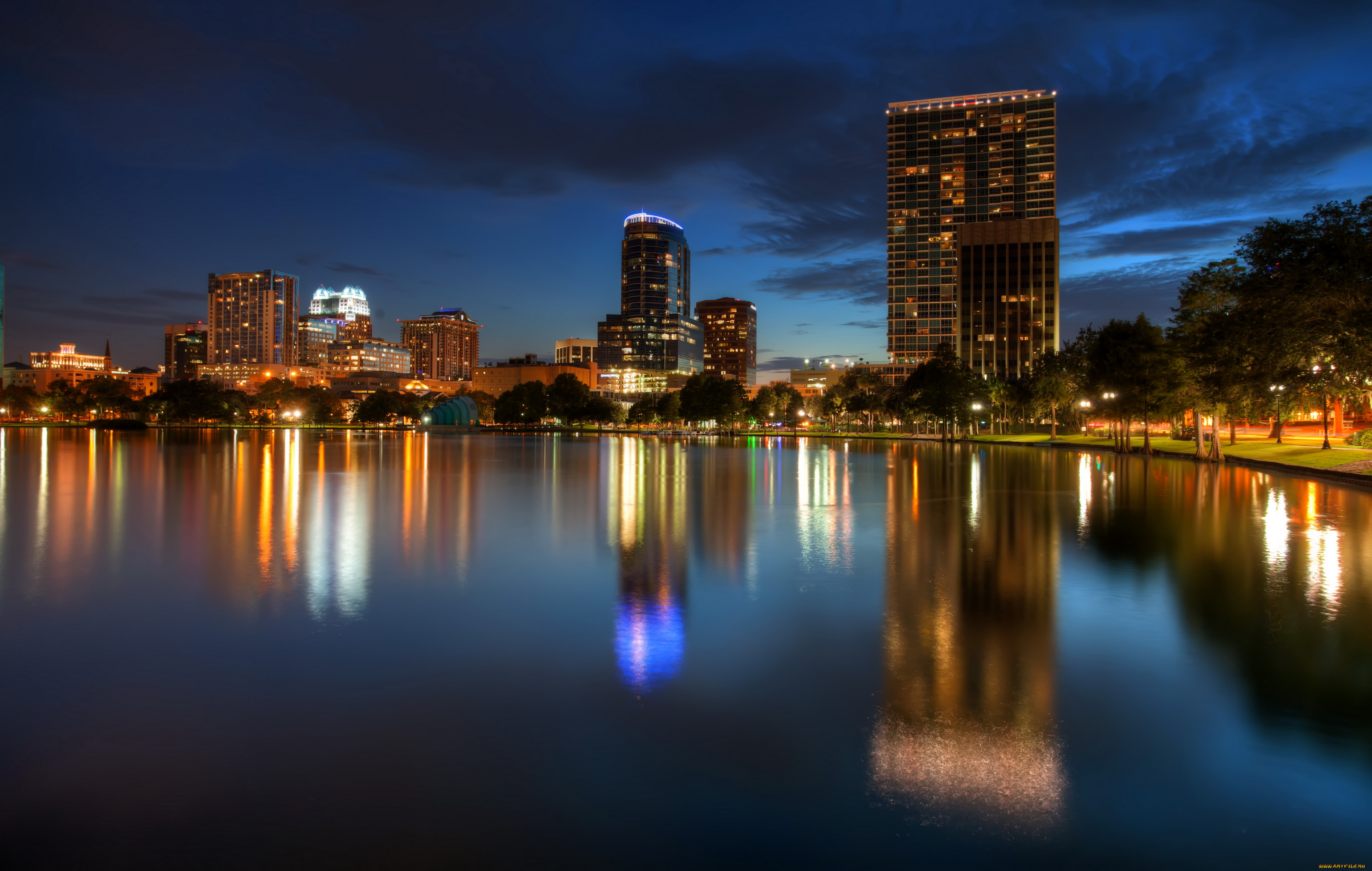 lake, eola, orlando, florida, города, огни, ночного, дома, ночь, озеро