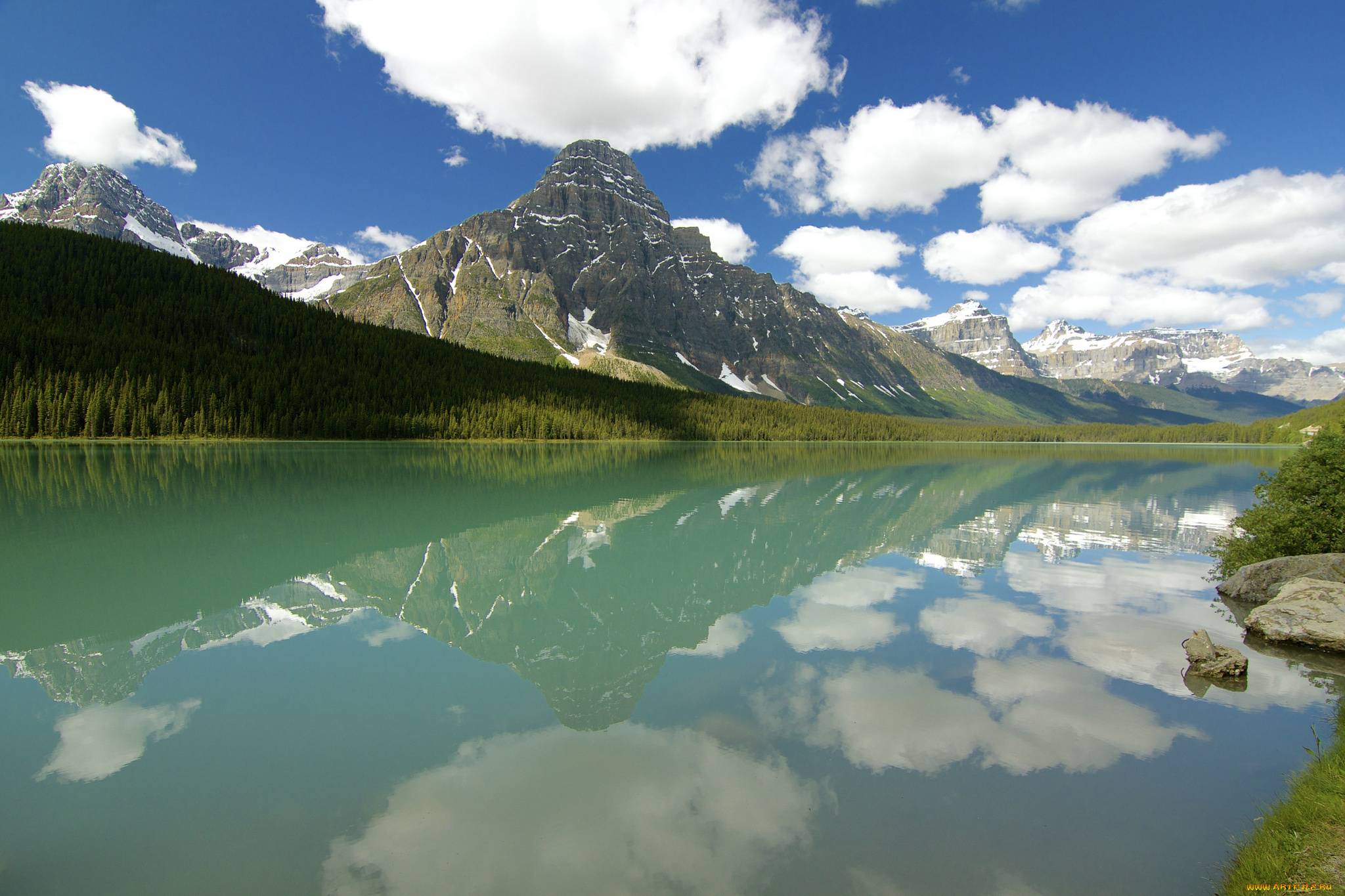 природа, реки, озера, отражение, лес, озеро, горы, облака, небо, канада