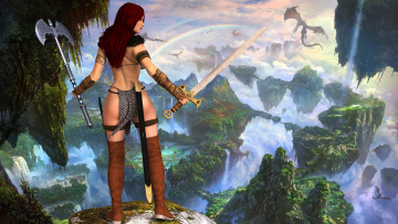 Картинка 3д+графика фантазия+ fantasy девушка дракон фон оружие взгляд