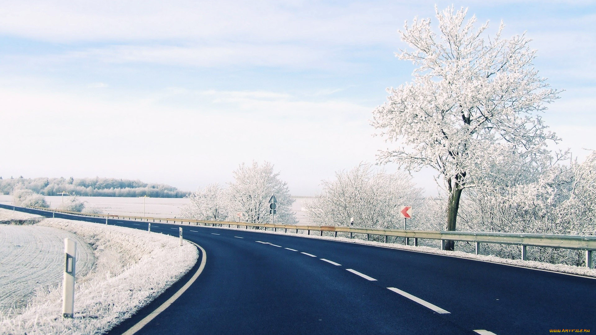 природа, дороги, зима, шоссе, дорога, поворот, снег