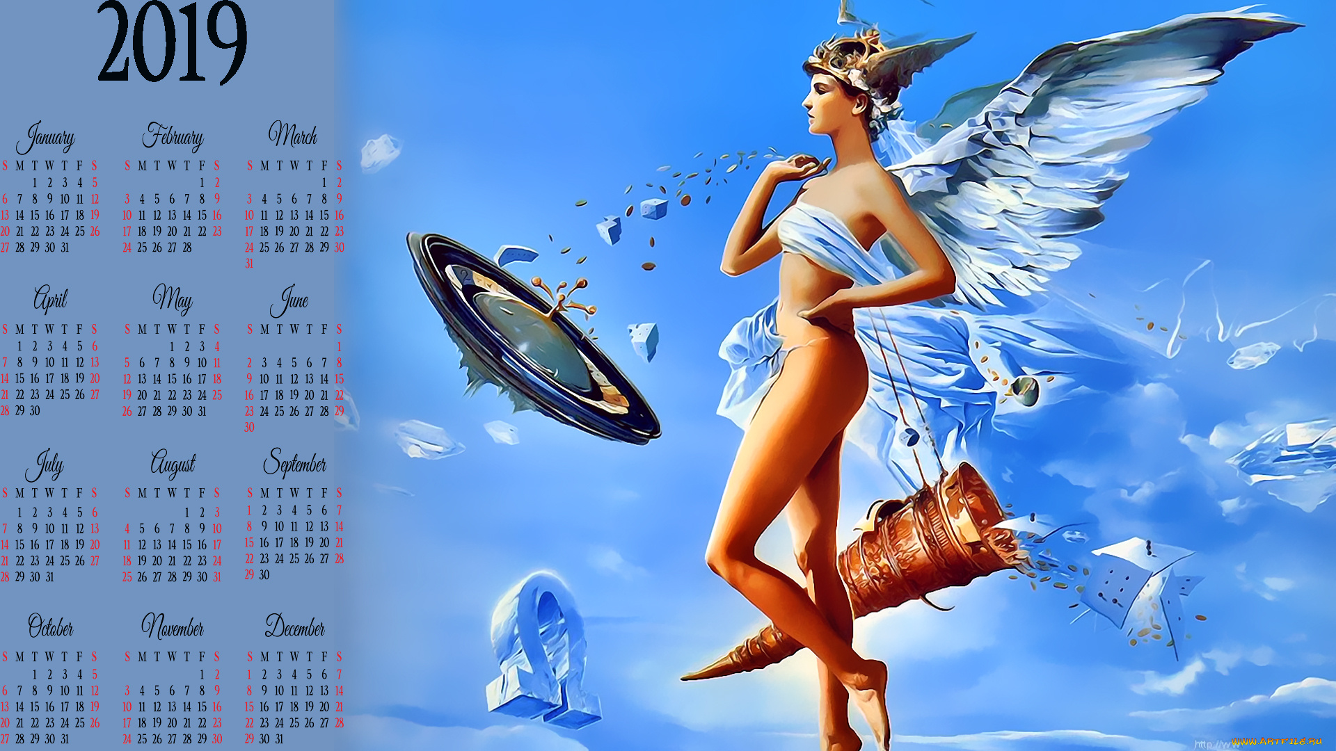 календари, фэнтези, девушка, крылья, ангел