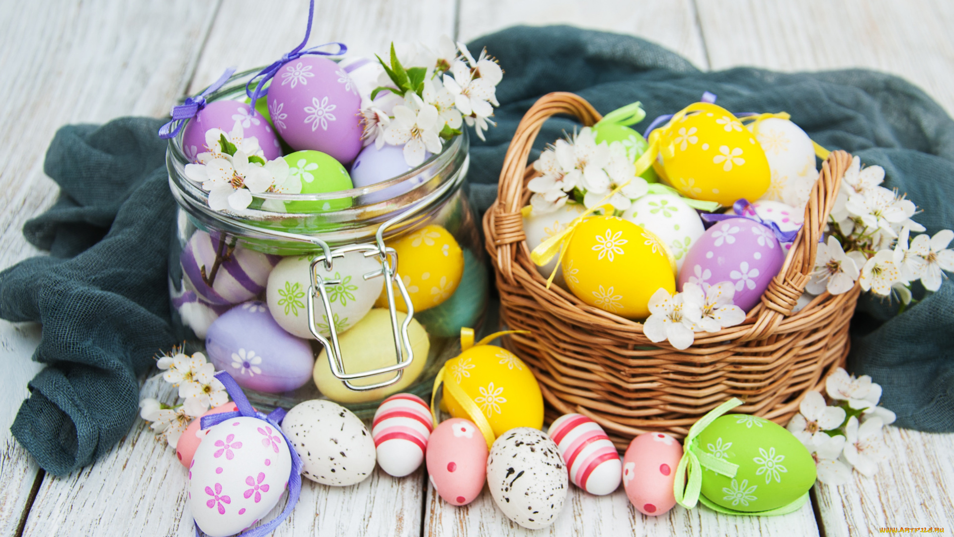 праздничные, пасха, цветы, яйца, colorful, happy, wood, pink, blossom, flowers, spring, easter, eggs, decoration, basket