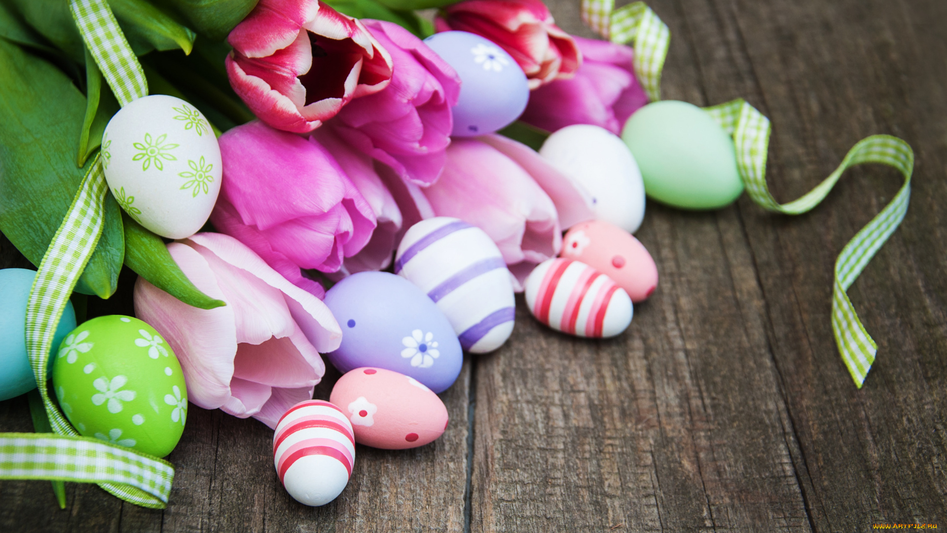 праздничные, пасха, цветы, яйца, colorful, тюльпаны, happy, wood, pink, flowers, tulips, easter, purple, eggs, decoration