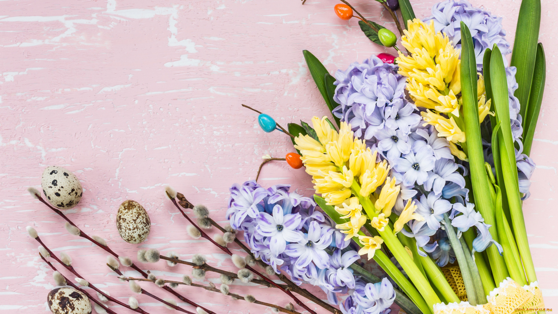 праздничные, пасха, цветы, яйца, colorful, happy, wood, верба, flowers, easter, eggs, decoration, hyacinth