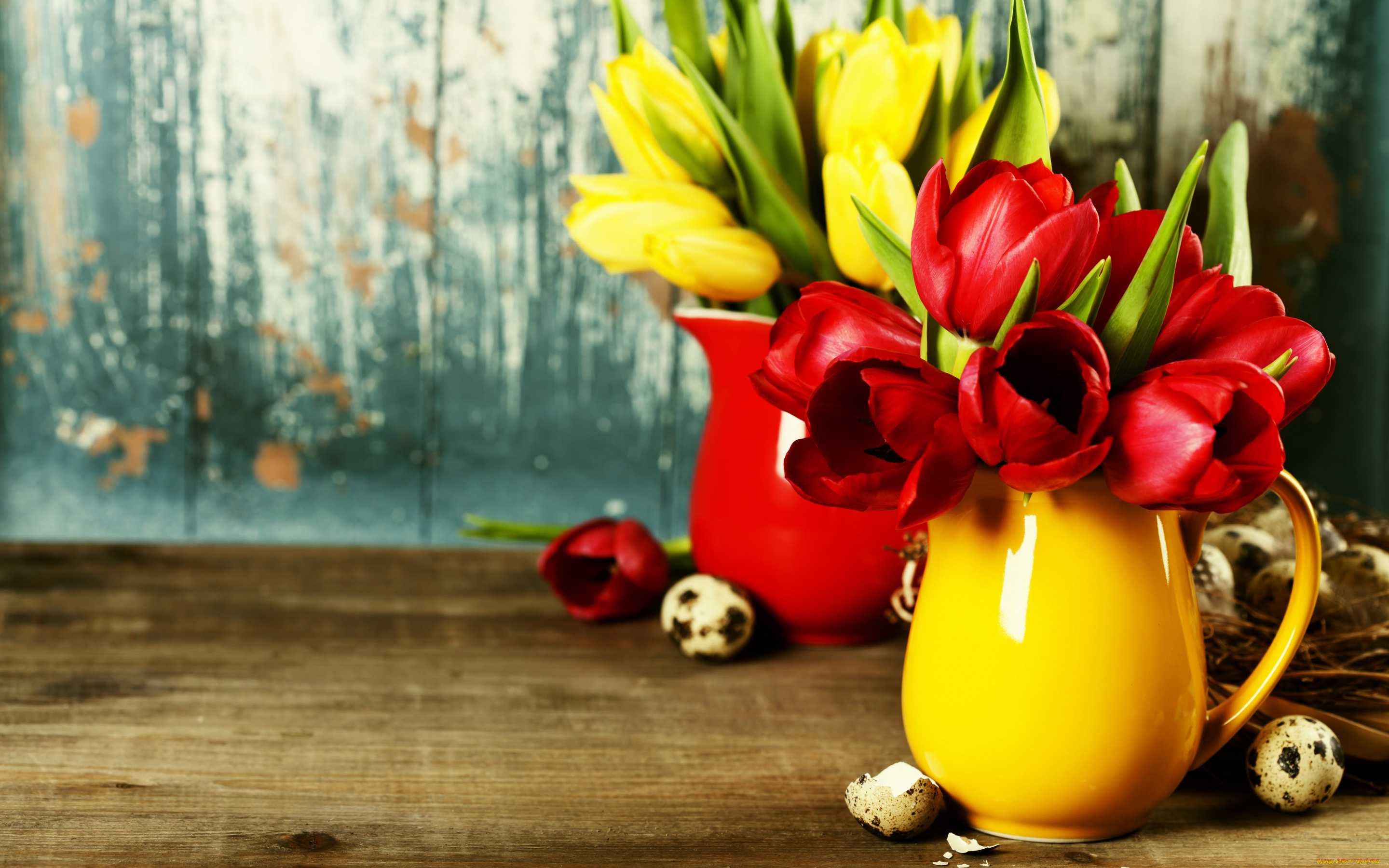 праздничные, пасха, желтые, тюльпаны, красные, вазы, букеты