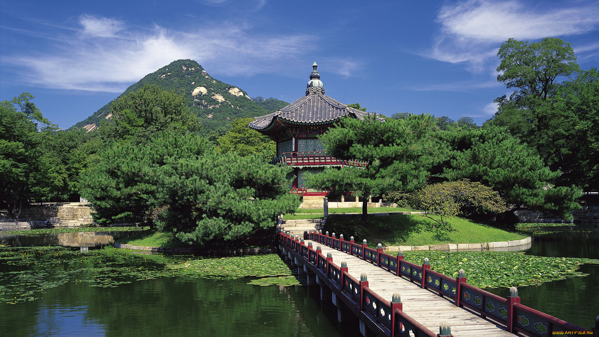 hyangwonjeong, pavilion, in, gyeongbokgung, korea, природа, парк, павильон, мостик, пейзаж, горы, пруд