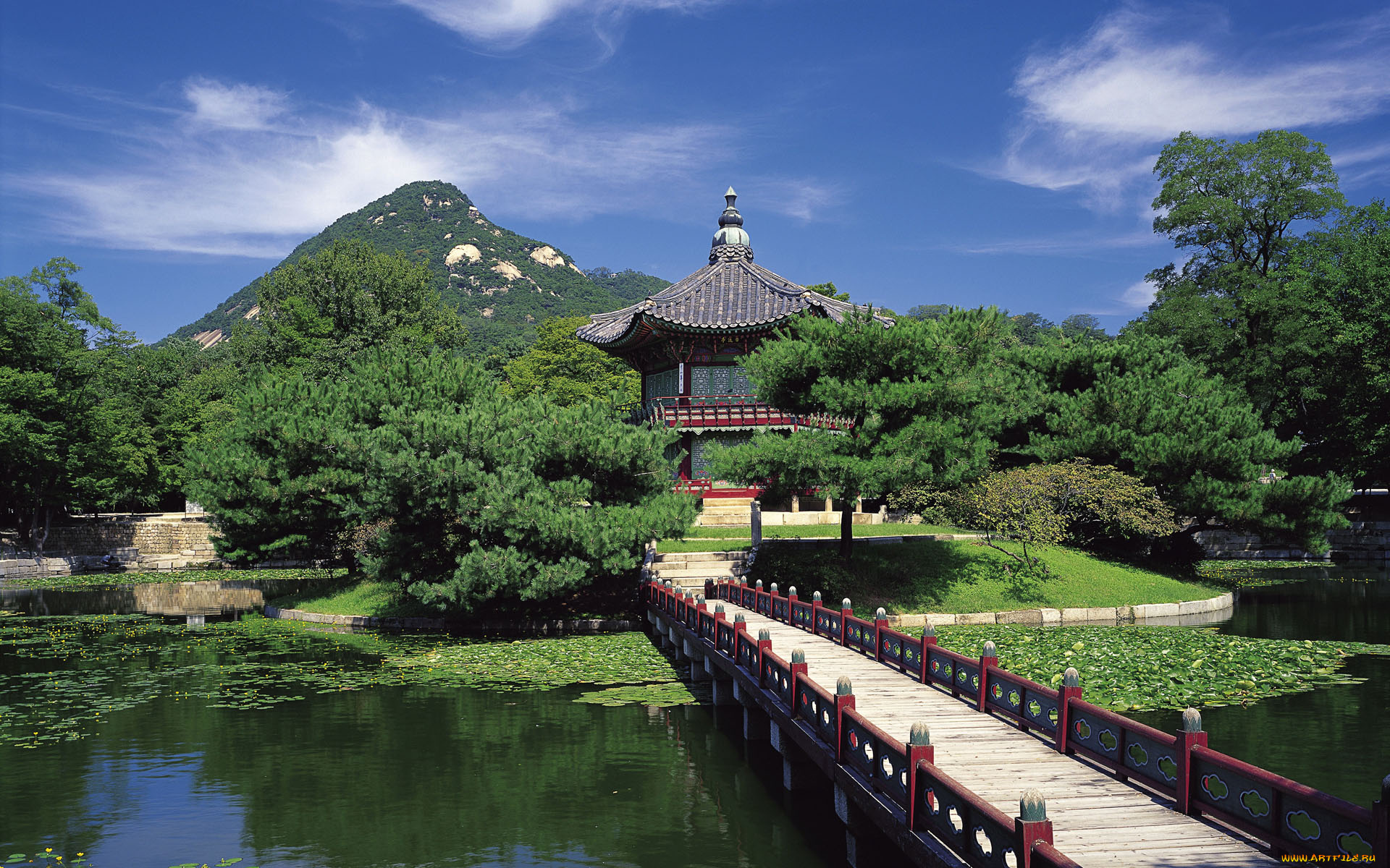 hyangwonjeong, pavilion, in, gyeongbokgung, korea, природа, парк, павильон, мостик, пейзаж, горы, пруд