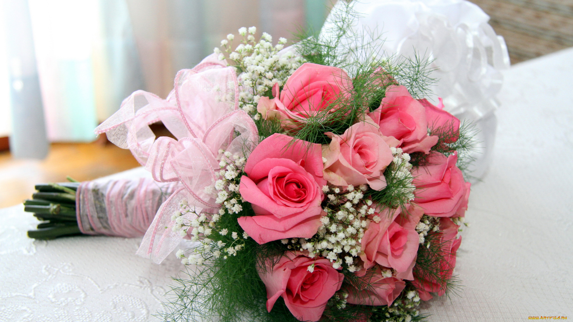 цветы, букеты, , композиции, гипсофила, розы, бант, розовый, свадебный