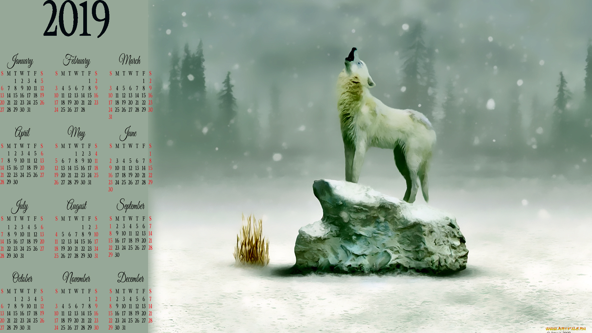 календари, фэнтези, снег, камень, волк