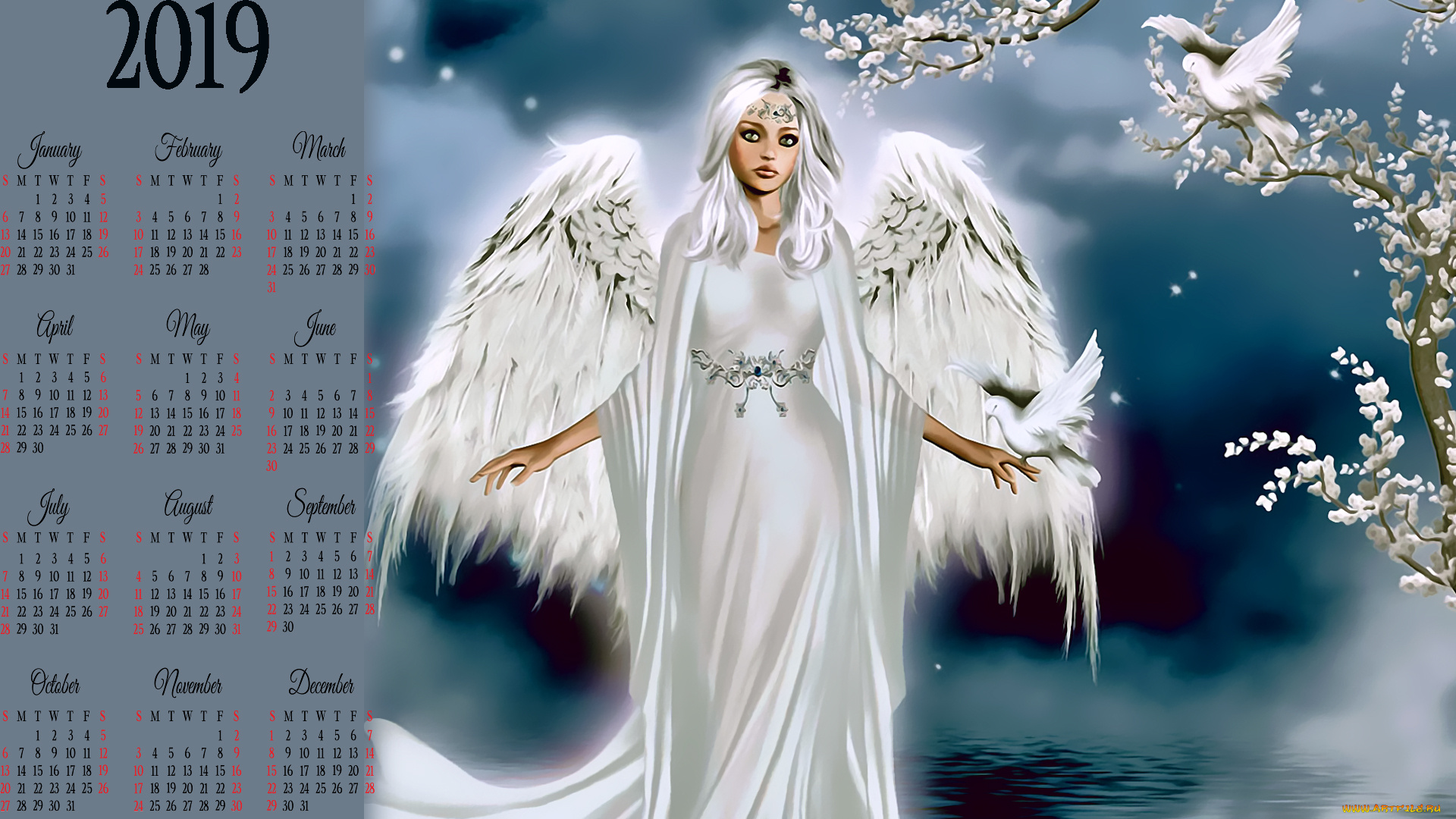 календари, фэнтези, ветка, птица, крылья, девушка, ангел