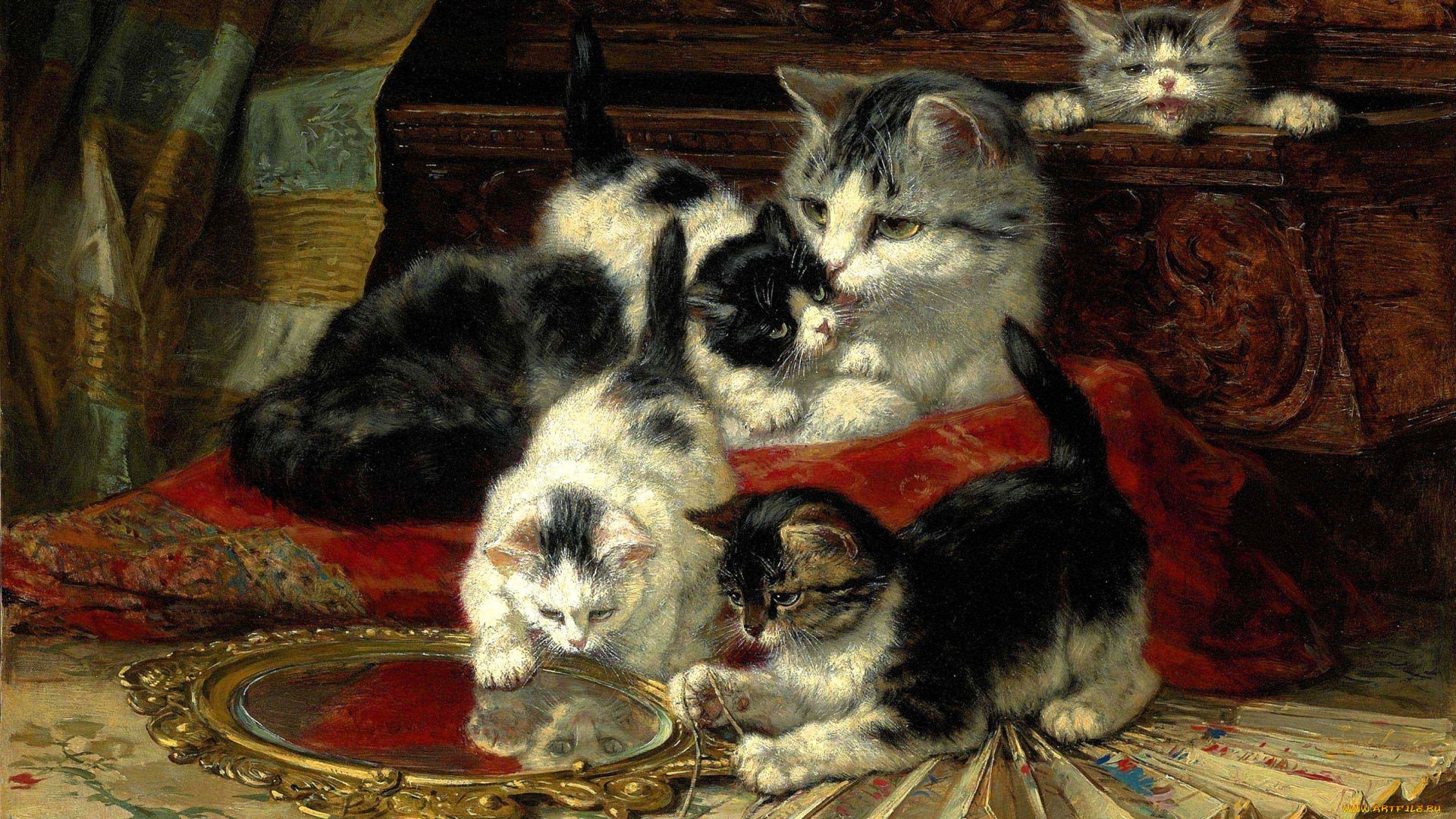 henriette, ronner-knip, рисованное, кошка, котята, веер, зеркало
