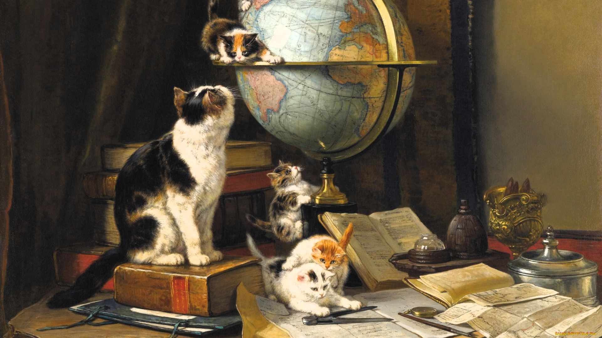 рисованное, henriette, ronner-knip, кошка, котята, глобус, книги, бумаги, стол