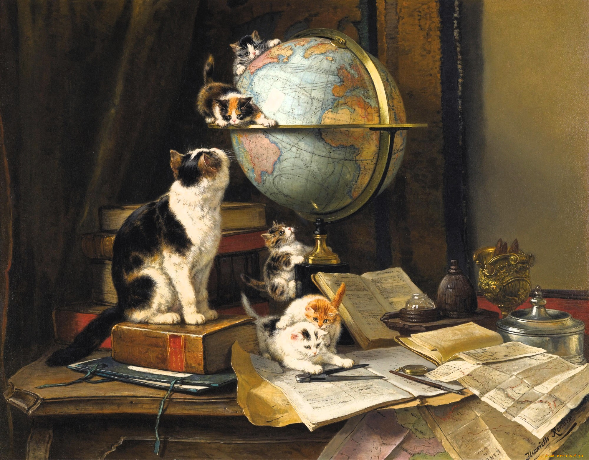 рисованное, henriette, ronner-knip, кошка, котята, глобус, книги, бумаги, стол