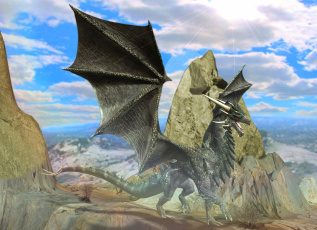 Картинка 3д графика creatures существа скалы дракон крылья пасть рога