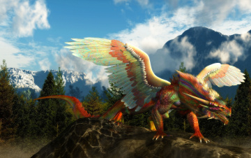 Картинка 3д графика creatures существа дракон цветной крылья пасть рога