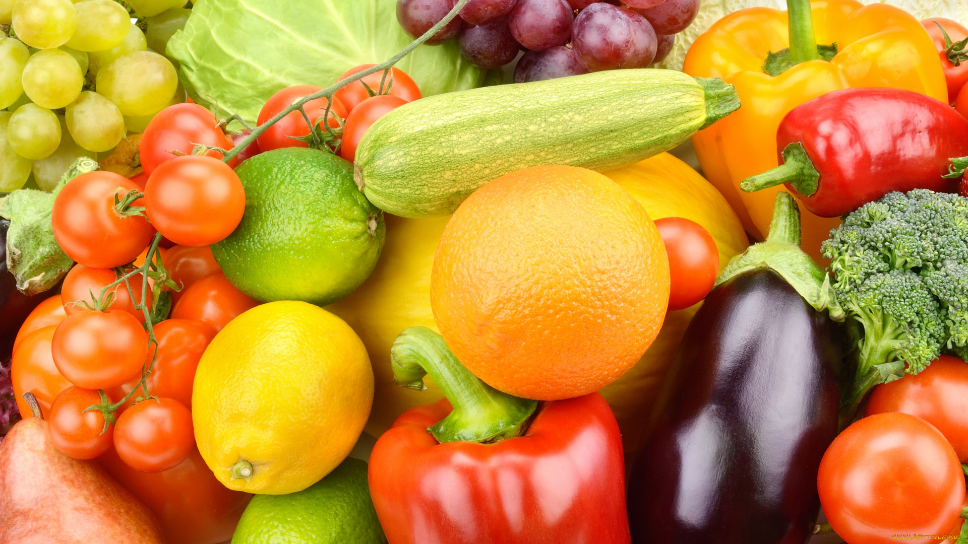 еда, фрукты, и, овощи, вместе, апельсин, лимоны, кабачок, помидоры, фрукты, овощи, паприка, виноград, баклажан