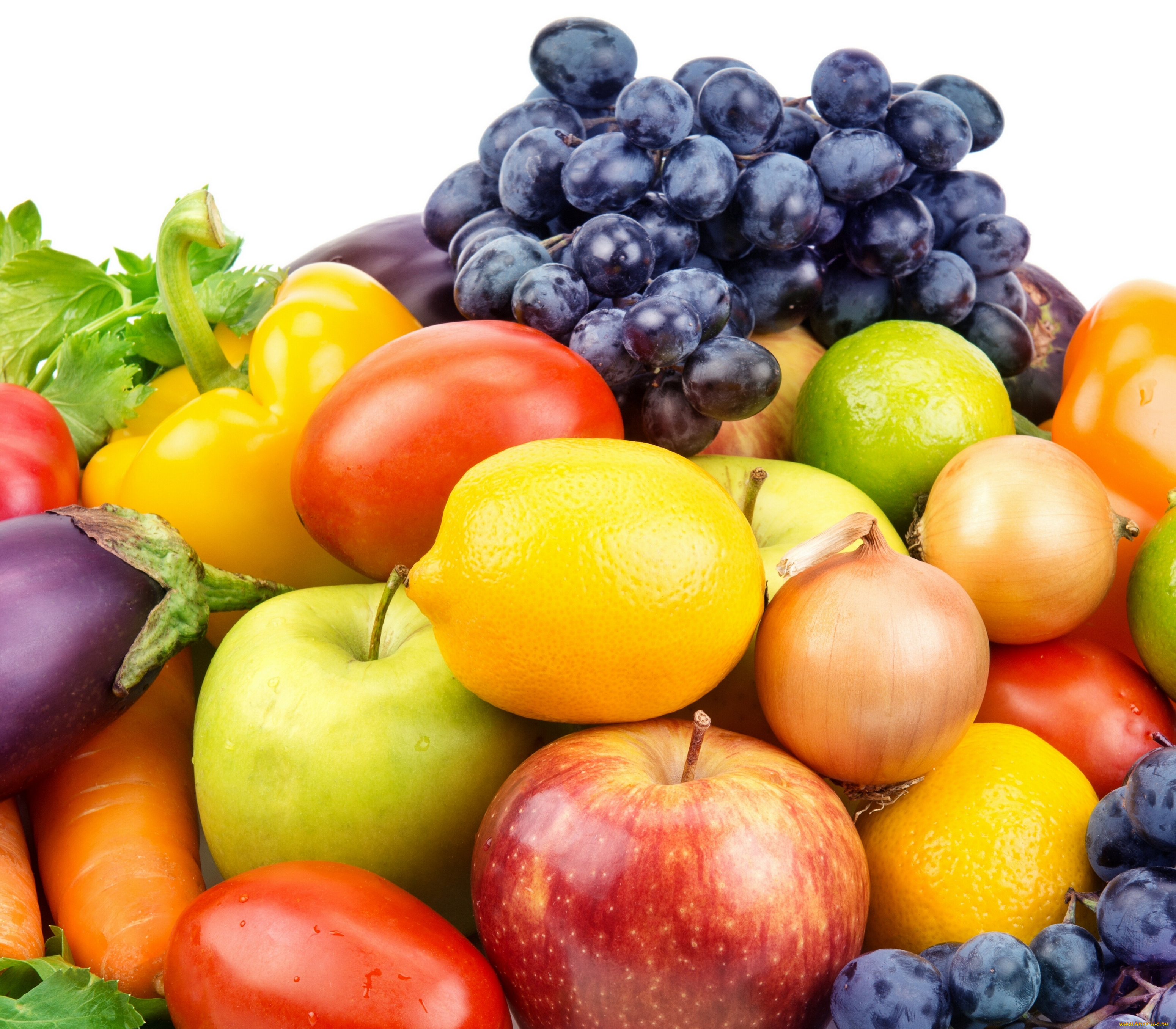 еда, фрукты, и, овощи, вместе, фрукты, помидоры, лук, паприка, виноград, яблоки, овощи, лимоны