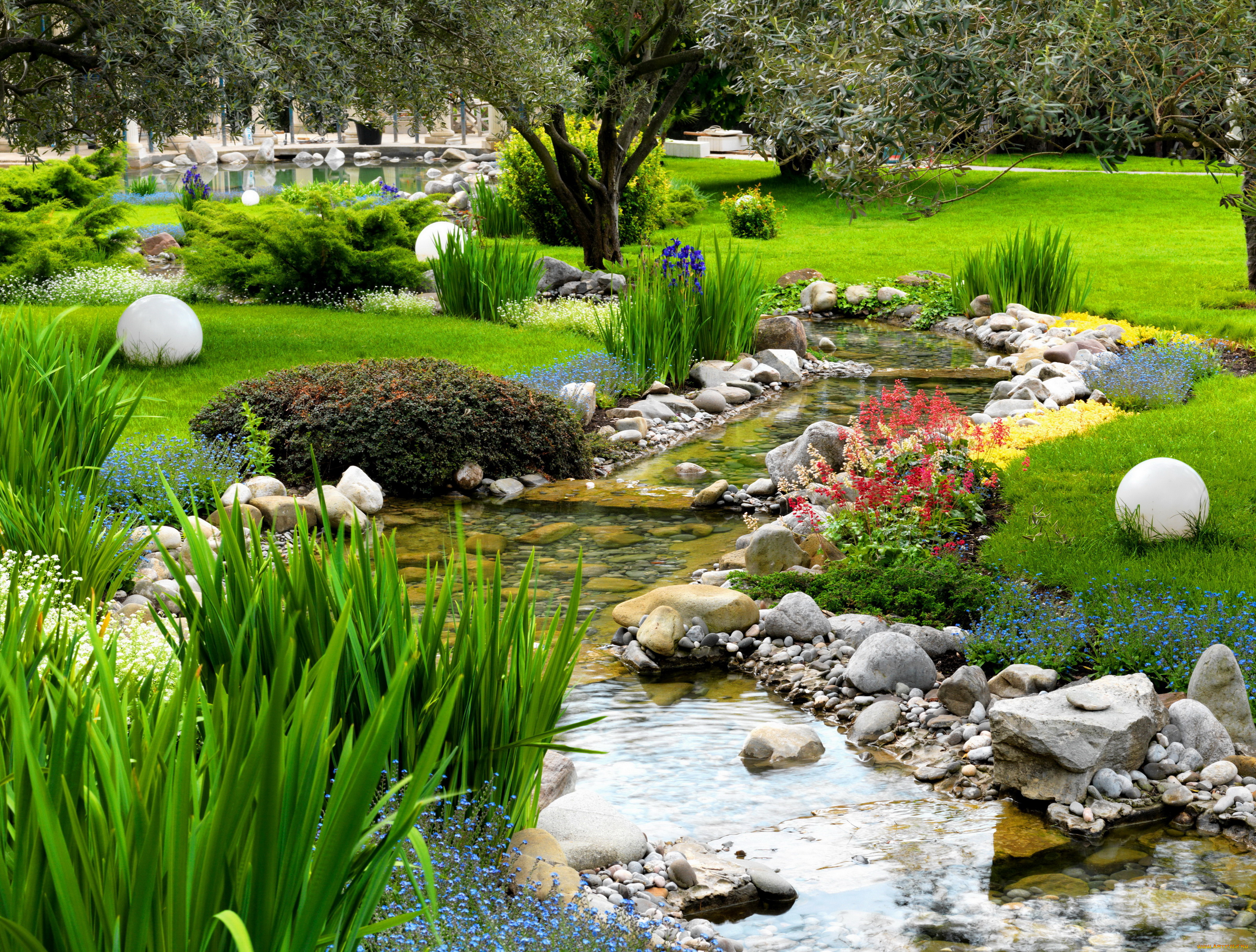 природа, парк, камни, трава, цветы, ручей