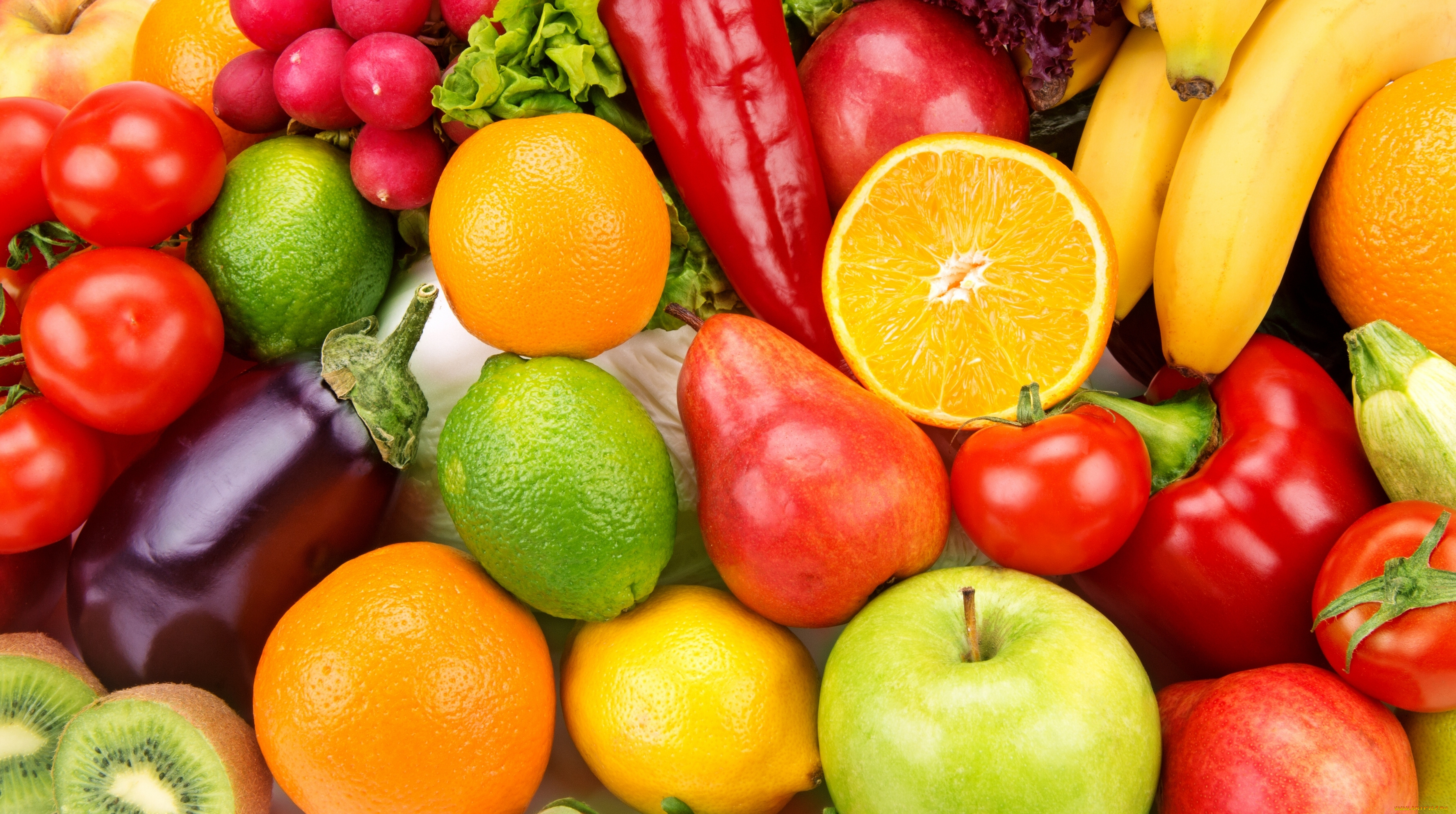 еда, фрукты, и, овощи, вместе, яблоки, баклажан, редиска, паприка, помидоры, овощи, фрукты, киви, груши, лимоны, бананы