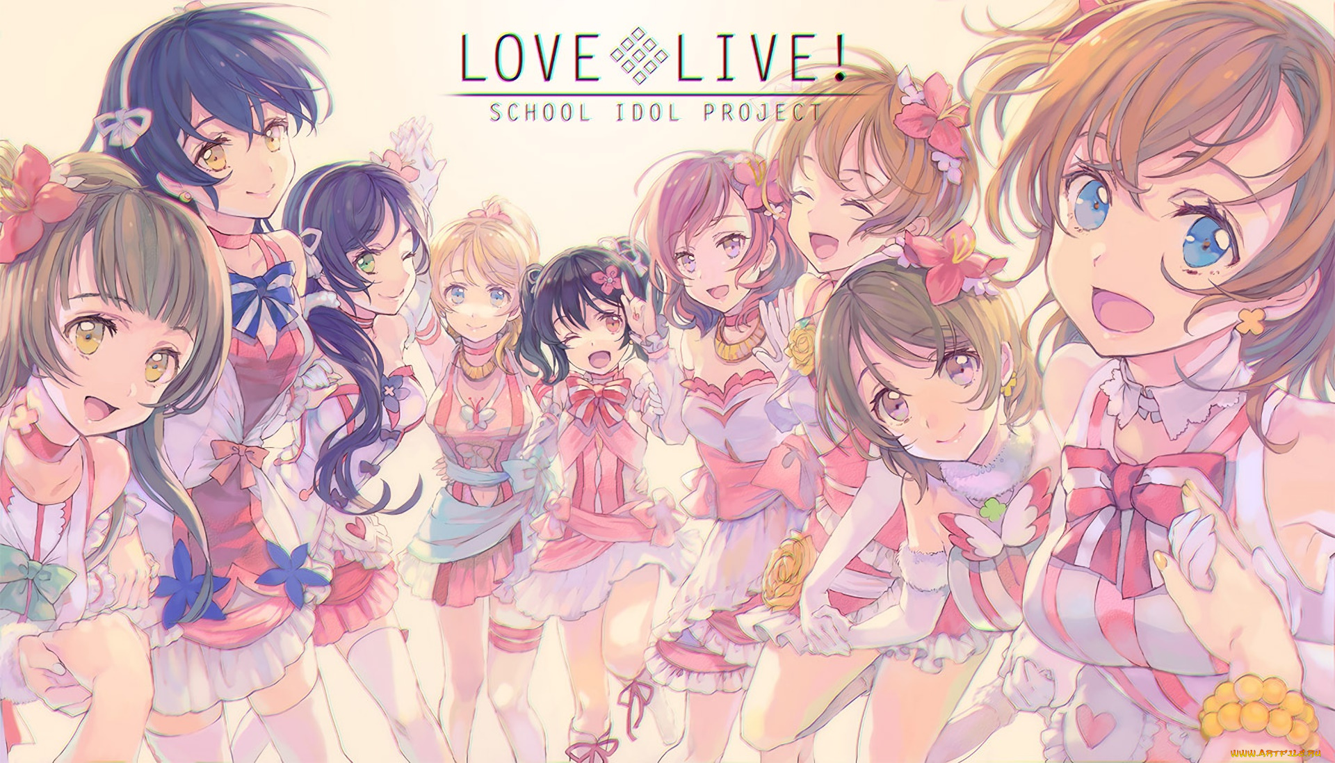 аниме, love, live, , school, idol, project, девушки, взгляд, фон