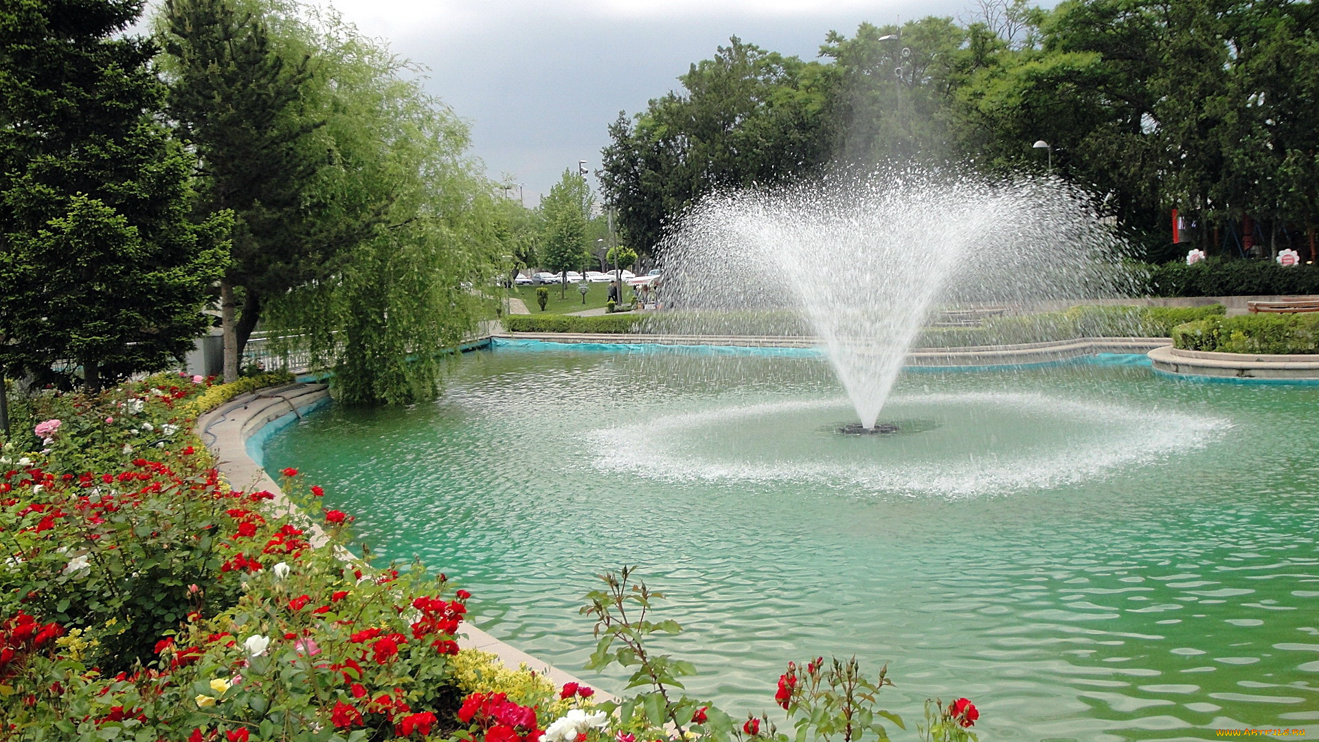 природа, парк, клумбы, фонтан, цветы