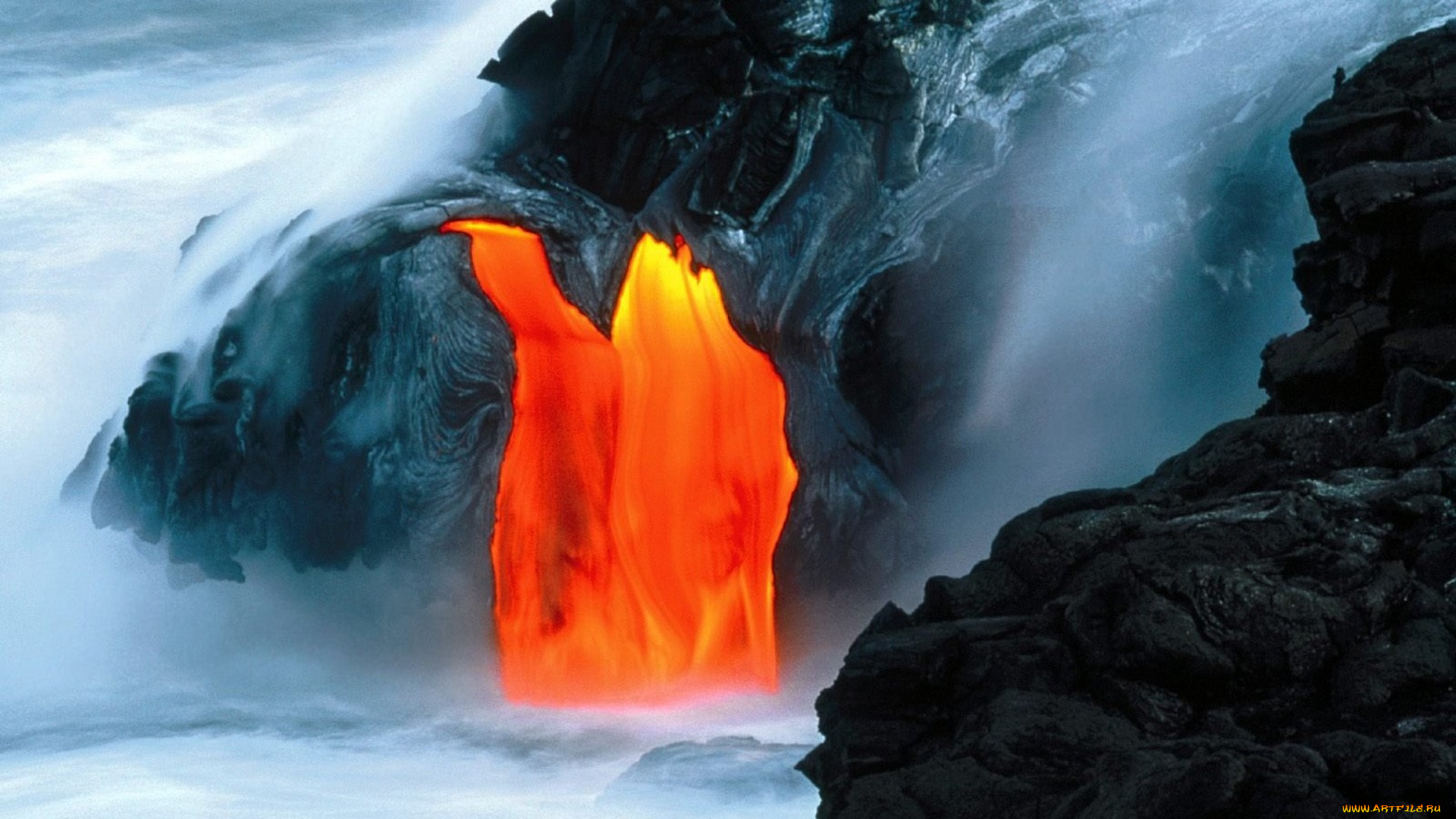 природа, стихия, вулкан, море, извержение, лава