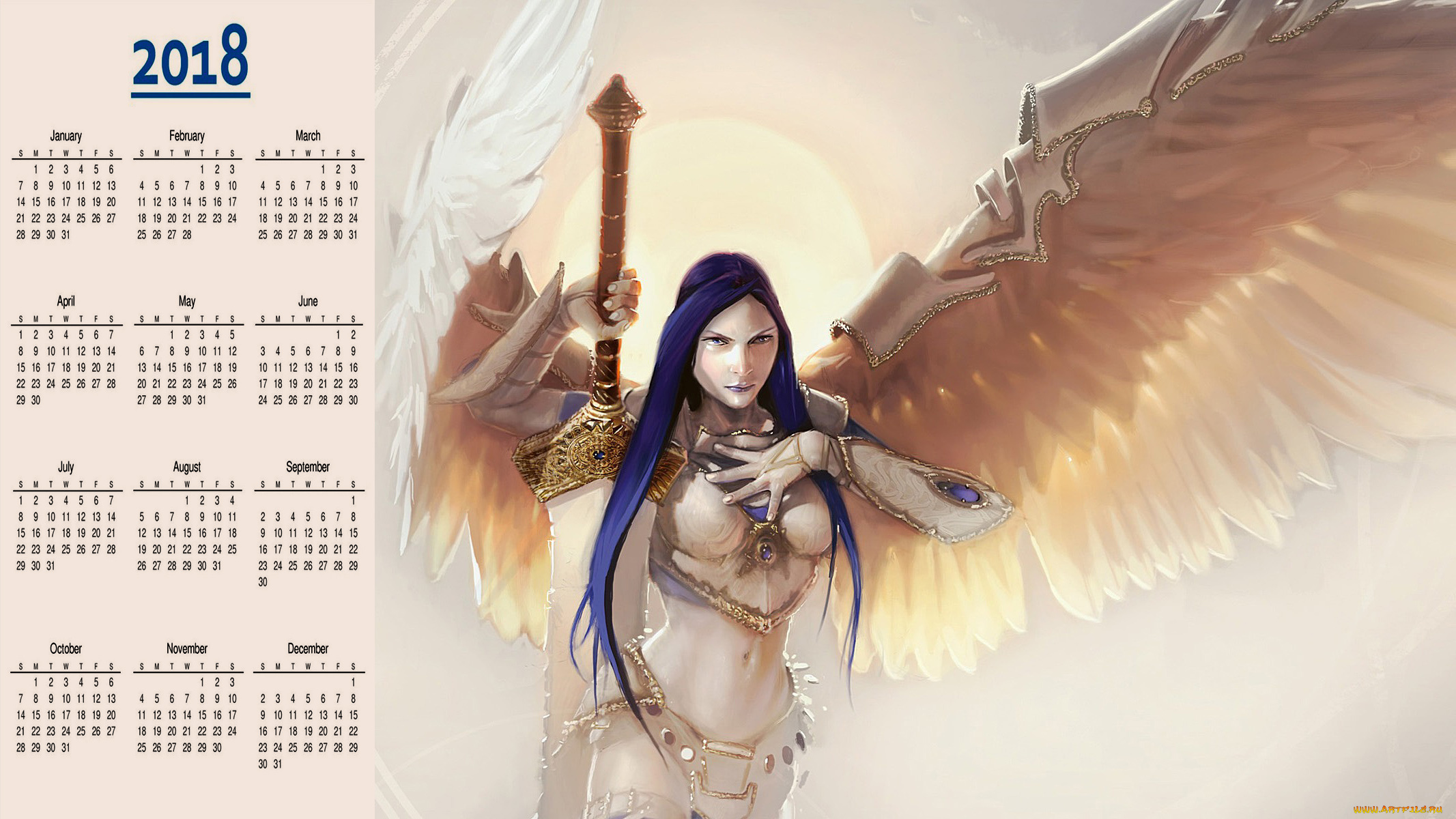 календари, фэнтези, крылья, оружие, взгляд, женщина