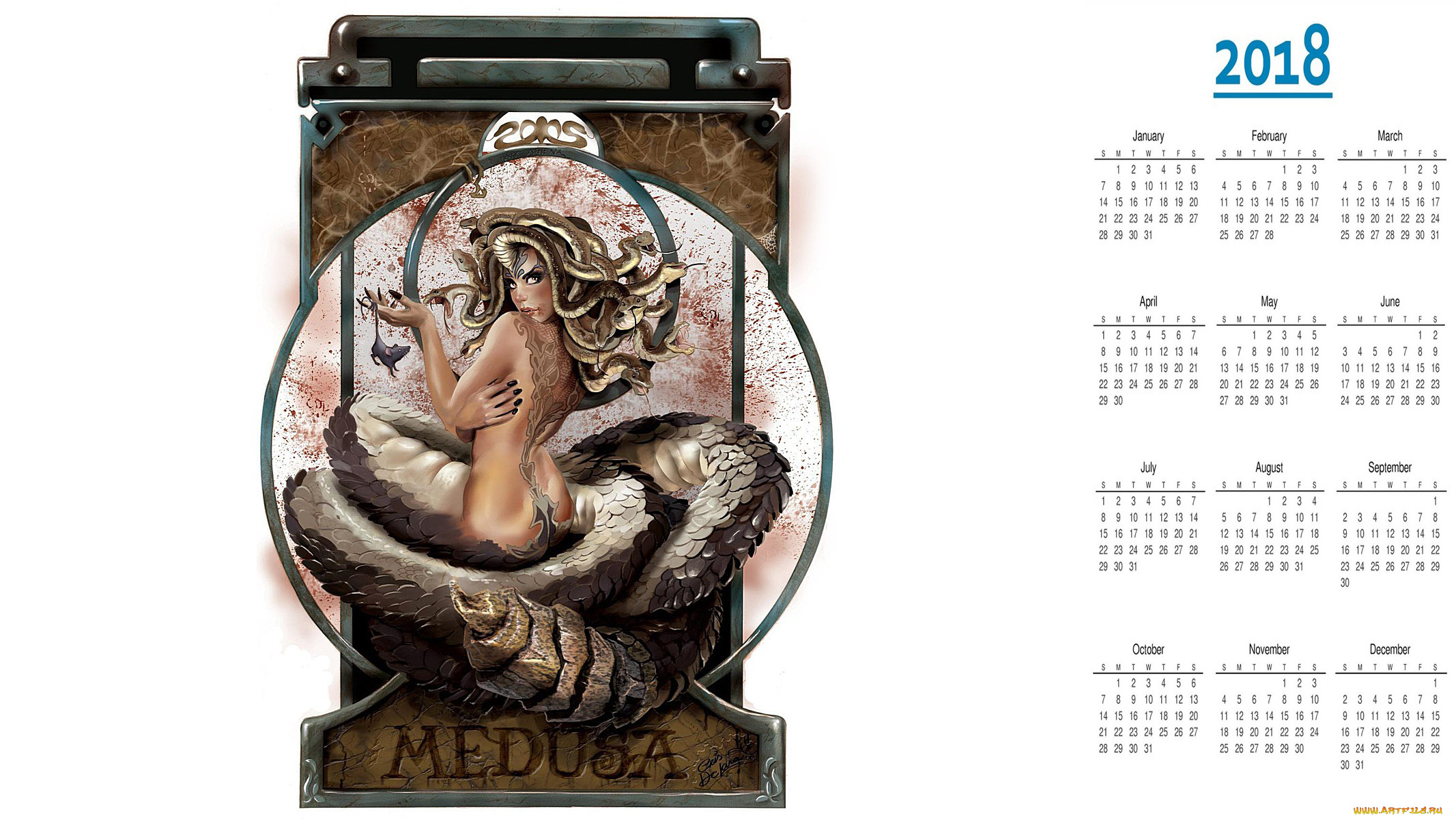 календари, фэнтези, женщина, взгляд, существо, медуза, змея