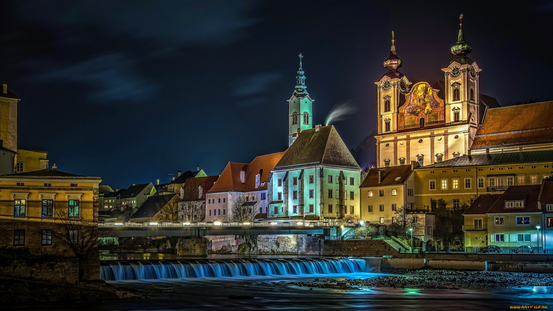 steyr, austria, города, -, огни, ночного, города